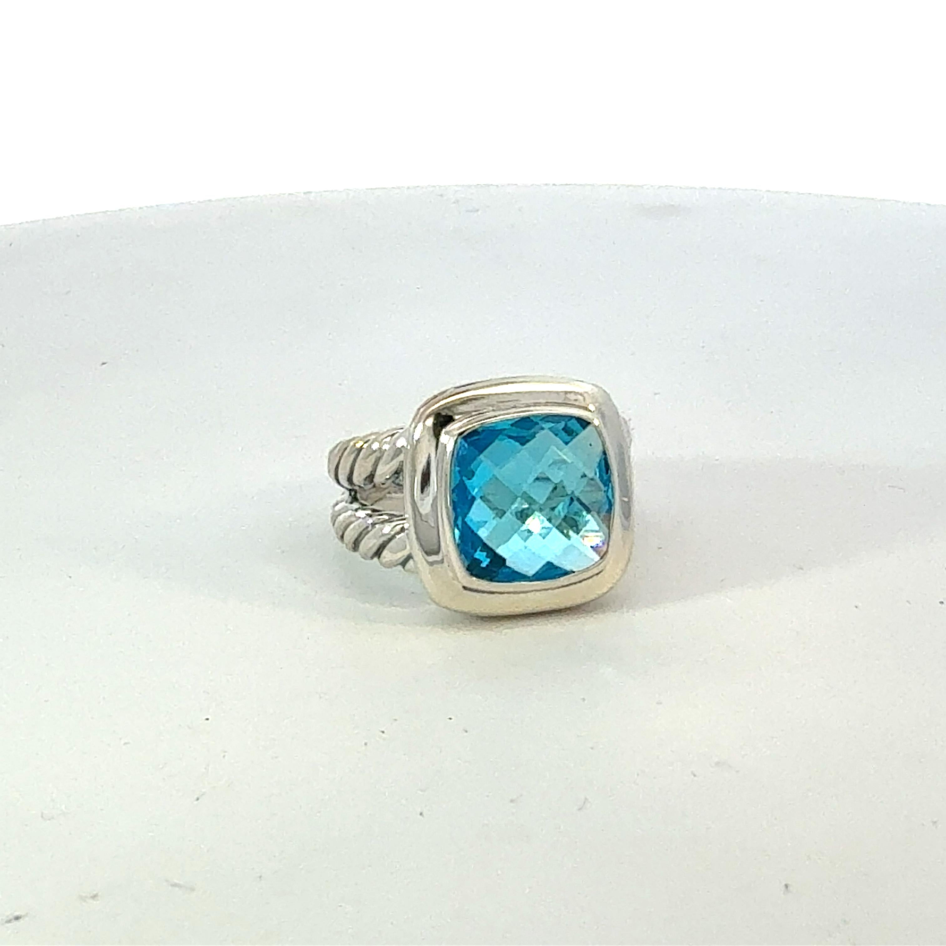 Taglio cuscino antico David Yurman Blue Topaz Albion Ring Size 6, 11 mm Sterling Silver Estate in vendita
