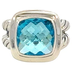David Yurman Blue Topaz Albion Ring Size 6, 11 mm Sterling Silver Estate