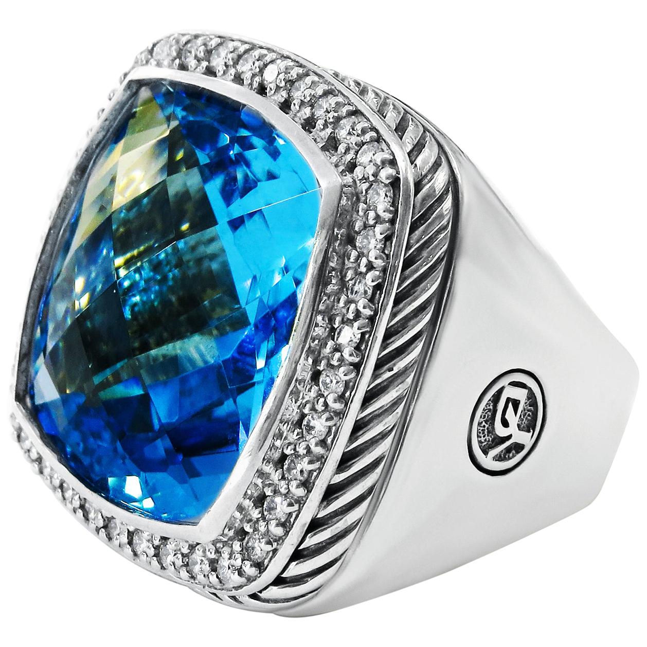 David Yurman 20mm Blue Topaz and Diamond Albion Ring . For Sale