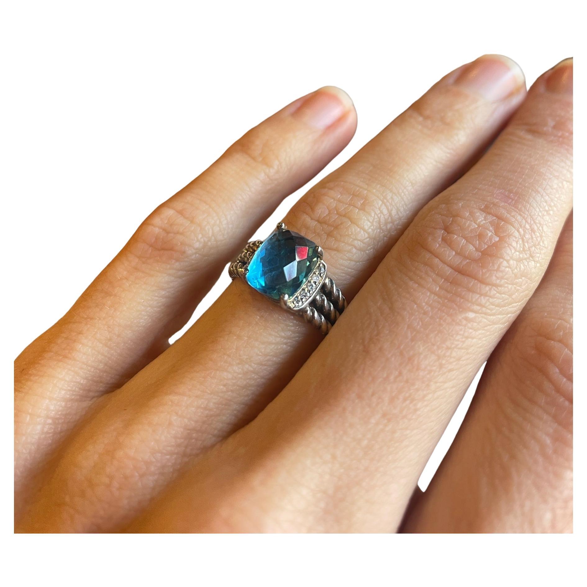 David Yurman Blue Topaz and Diamond Petite Wheaton Ring  For Sale