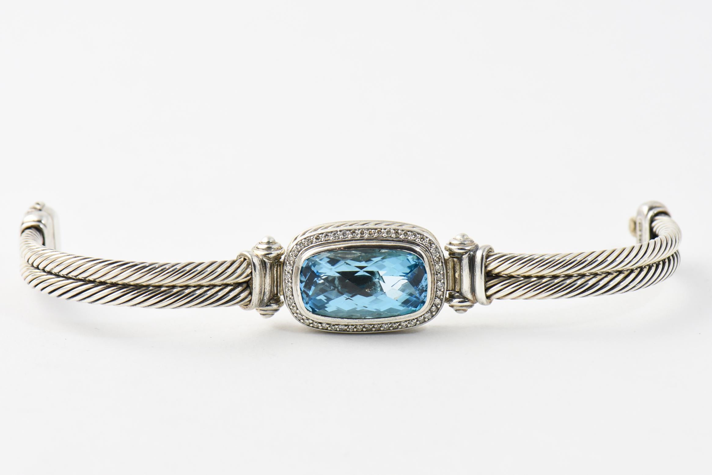 David Yurman Blue Topaz and Diamond Sterling Silver Bangle Bracelet In Good Condition In Miami Beach, FL