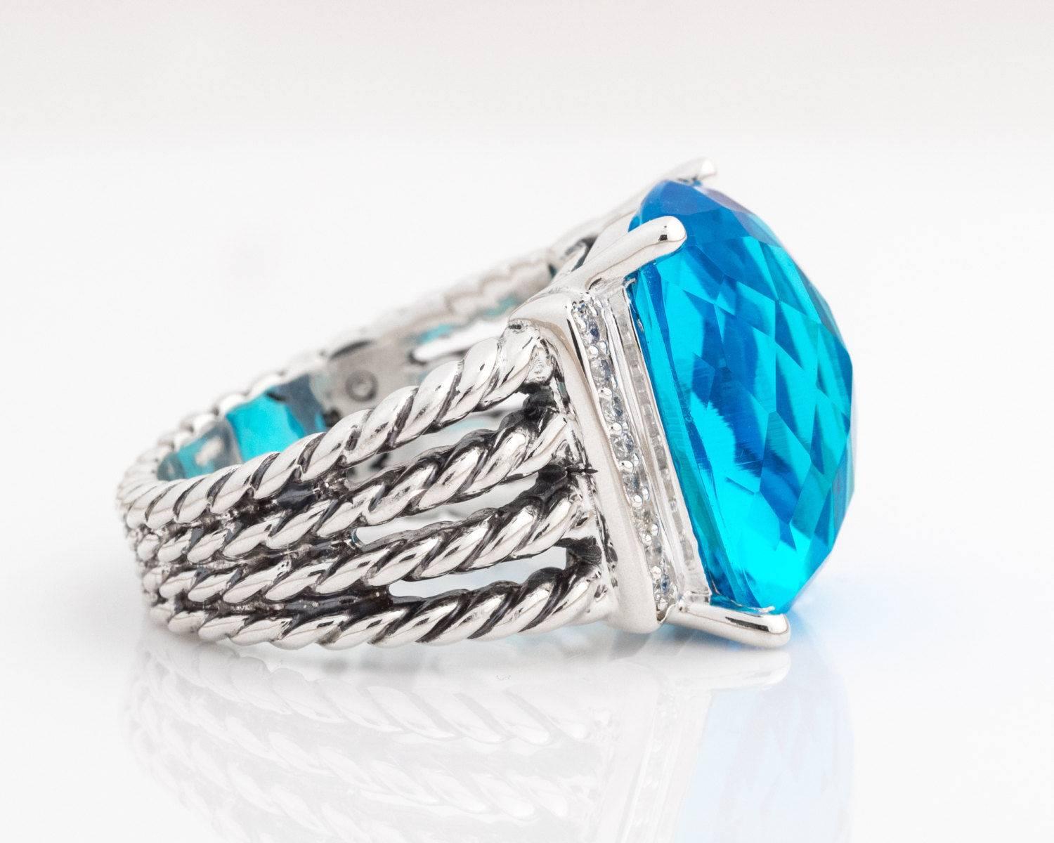 Modern David Yurman Blue Topaz and Diamonds Sterling Silver Wheaton Ring