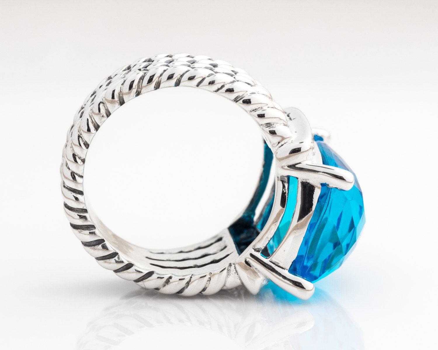 Emerald Cut David Yurman Blue Topaz and Diamonds Sterling Silver Wheaton Ring