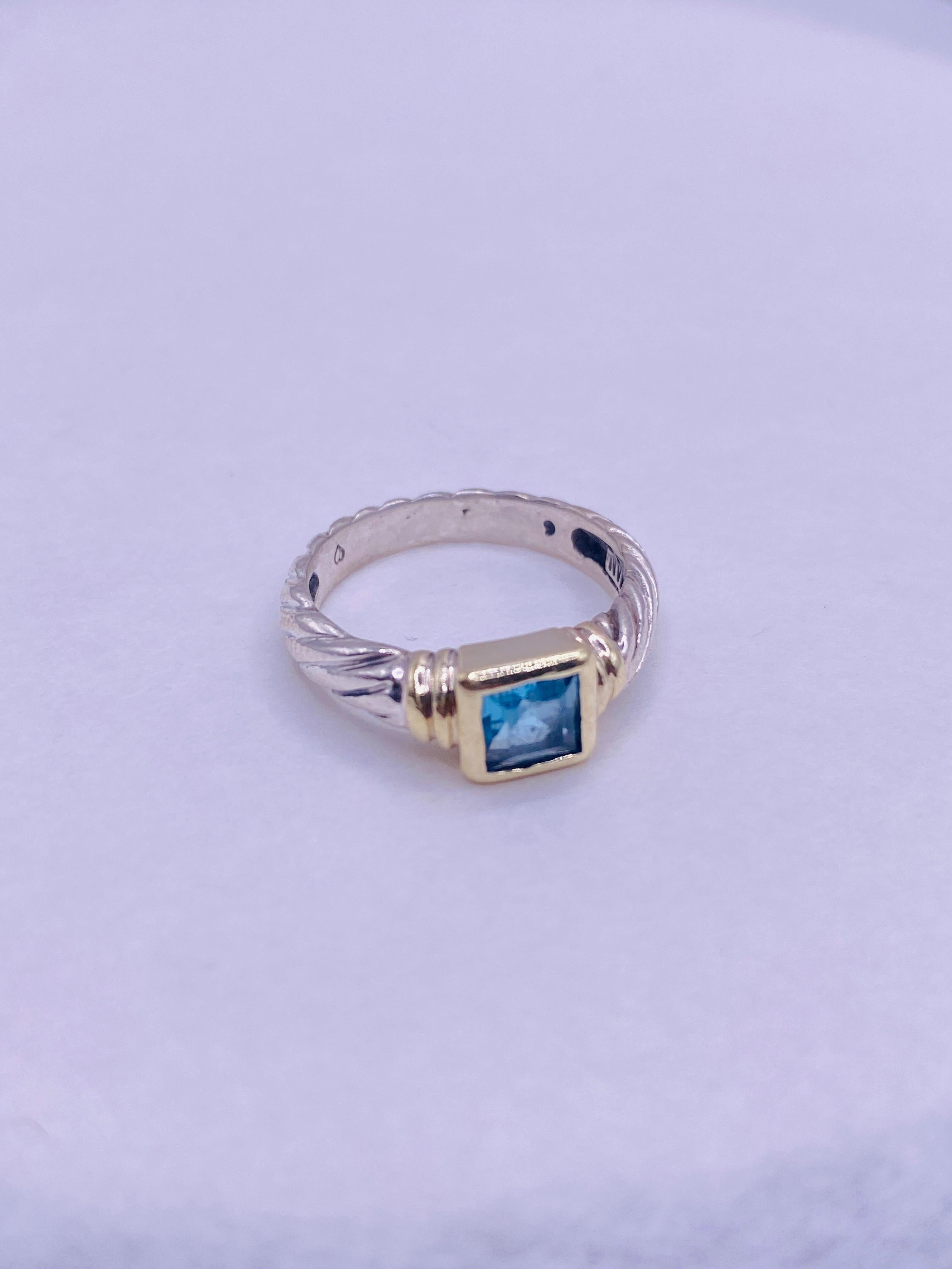 David Yurman Cable Collection 14k yellow gold sterling silver blue topaz ring. Size 6 US