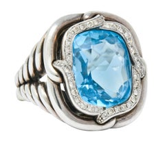 David Yurman Blue Topaz Diamond Sterling Silver 14 Karat Gold Labyrinth Ring