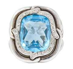 David Yurman Blue Topaz Diamond Sterling Silver 14 Karat Gold Labyrinth Ring