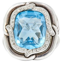 David Yurman Blue Topaz Diamond Sterling Silver 14 Karat Gold Labyrinth Ring