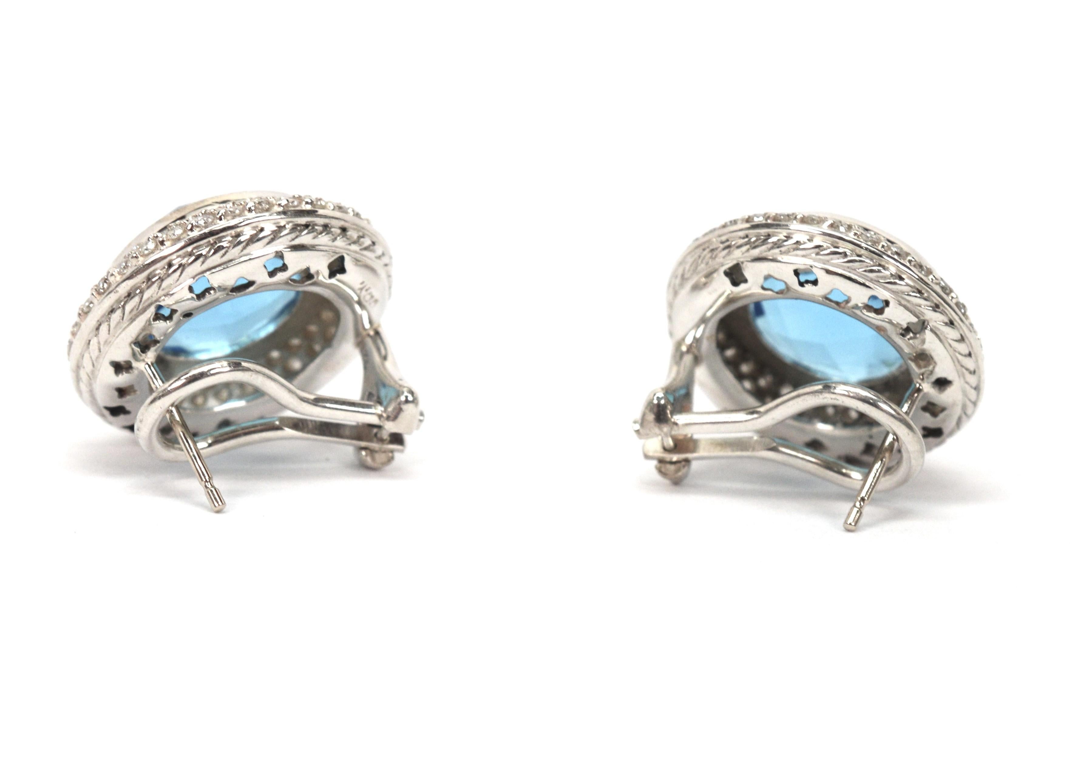 Round Cut David Yurman Blue Topaz Diamond Sterling Silver Stud Earrings For Sale
