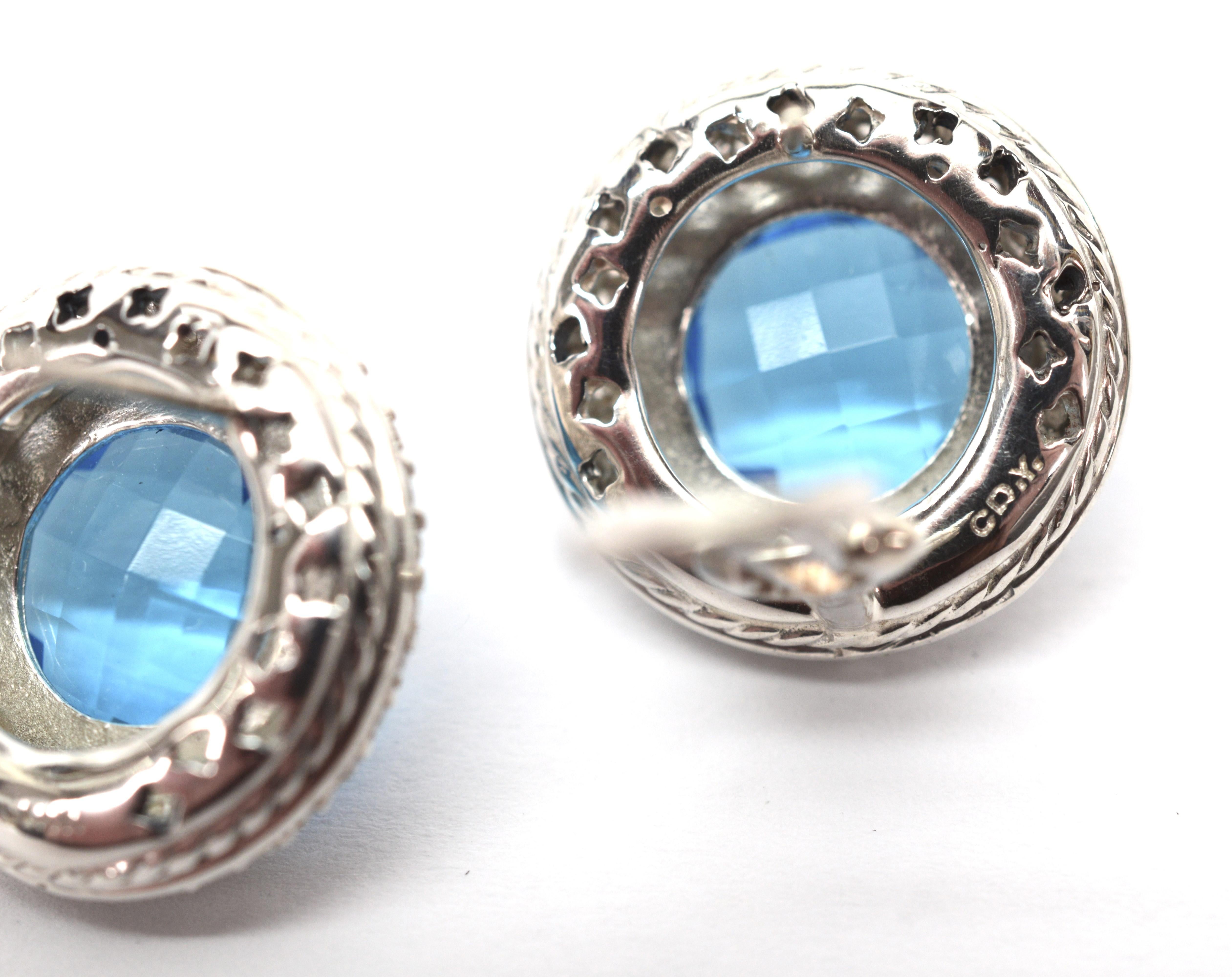 David Yurman Blue Topaz Diamond Sterling Silver Stud Earrings In Excellent Condition For Sale In Mount Kisco, NY