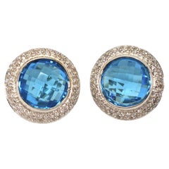 Retro David Yurman Blue Topaz Diamond Sterling Silver Stud Earrings