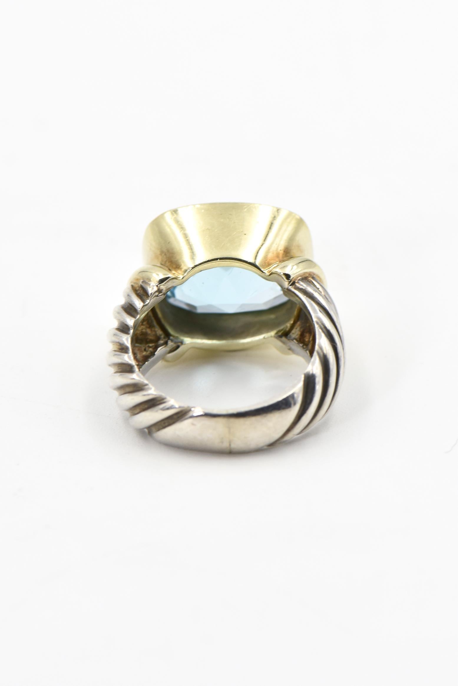 David Yurman Blue Topaz Gold and Sterling Silver Noblesse Ring with Cable Band In Good Condition In Miami Beach, FL