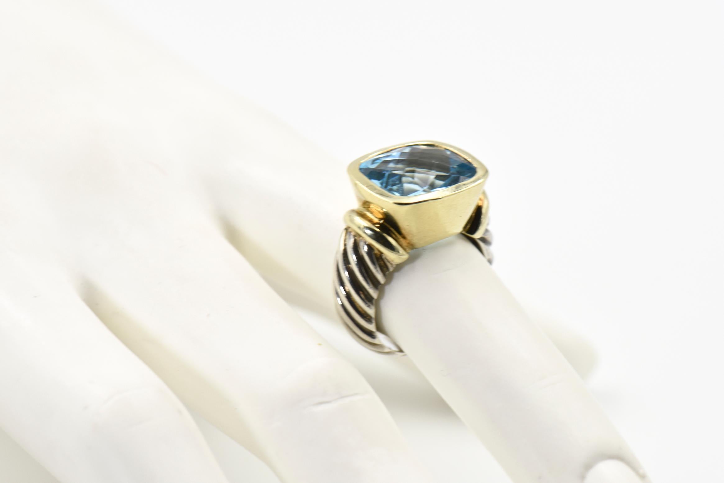 David Yurman Blue Topaz Gold and Sterling Silver Noblesse Ring with Cable Band 1