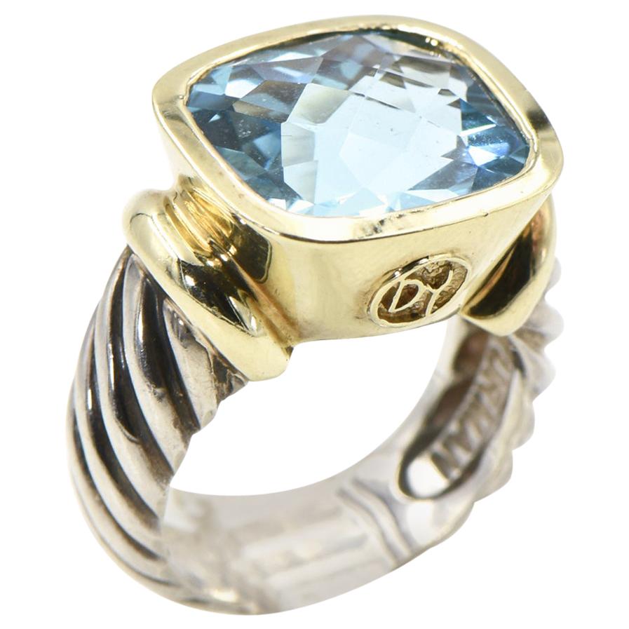 David Yurman Blue Topaz Gold and Sterling Silver Noblesse Ring with Cable Band