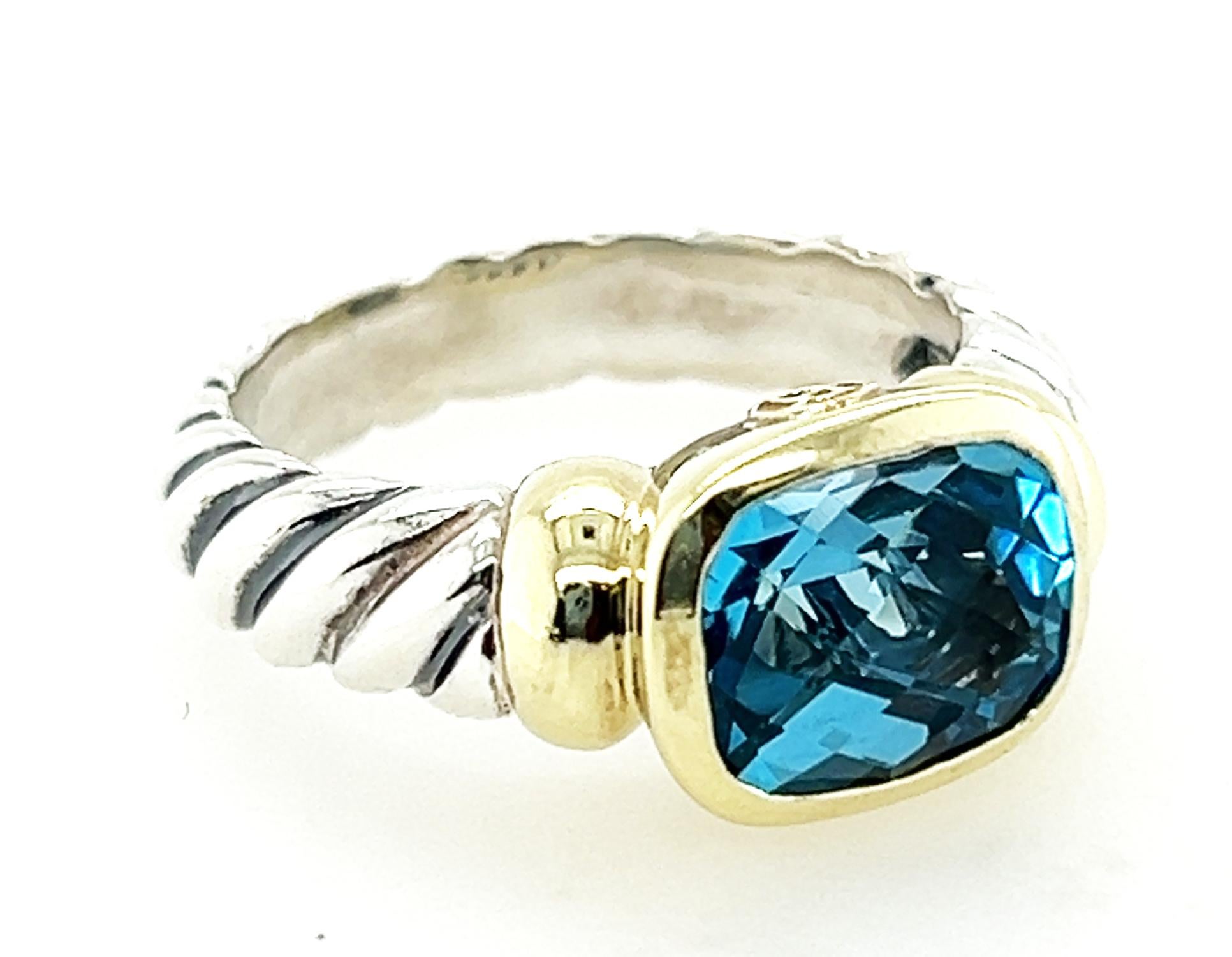 Briolette Cut David Yurman Blue Topaz Noblesse Ring Sterling Silver 14K Gold Size 7