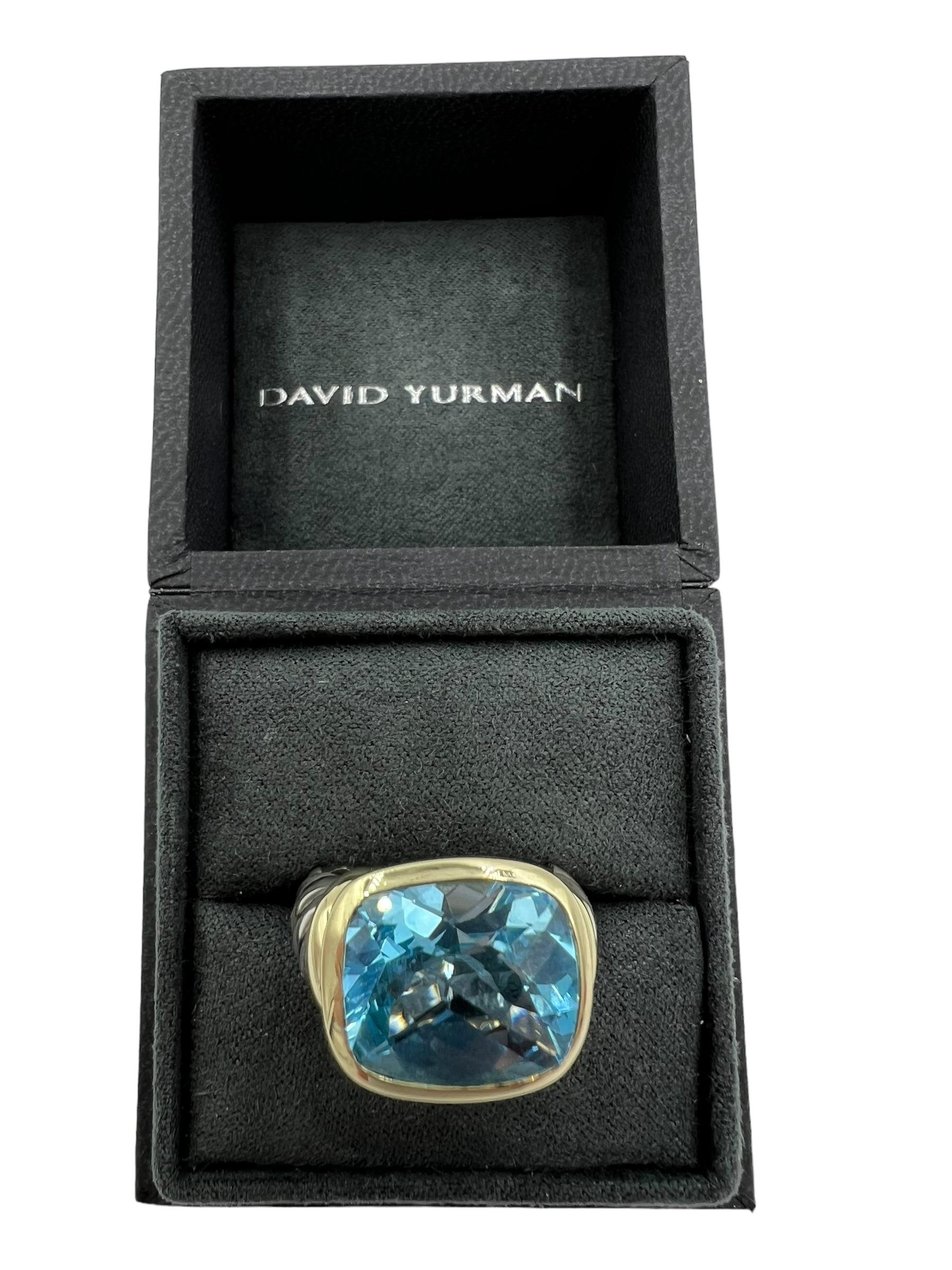 David Yurman 8 Carat Blue Topaz Yellow Gold and Silver Ring

  This David Yurman Blue Topaz silver and yellow gold ring is a true classic design.  And it comes with the original David Yurman ring box.

SPECIFICATIONS:

 STONE: Blue Topaz cushion cut