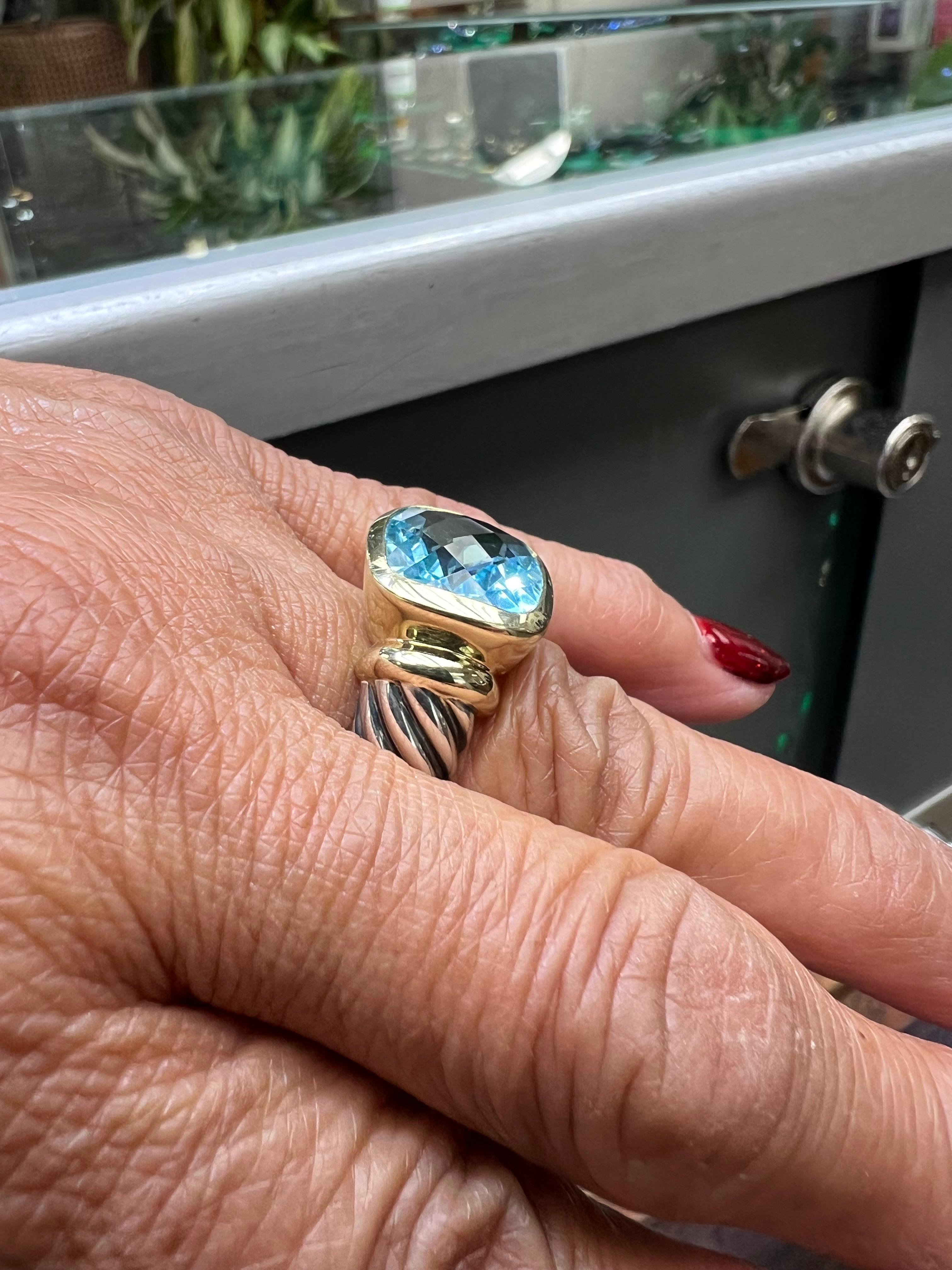 David Yurman 8 Carat Blue Topaz Yellow Gold and Silver Ring In Good Condition In Los Angeles, CA
