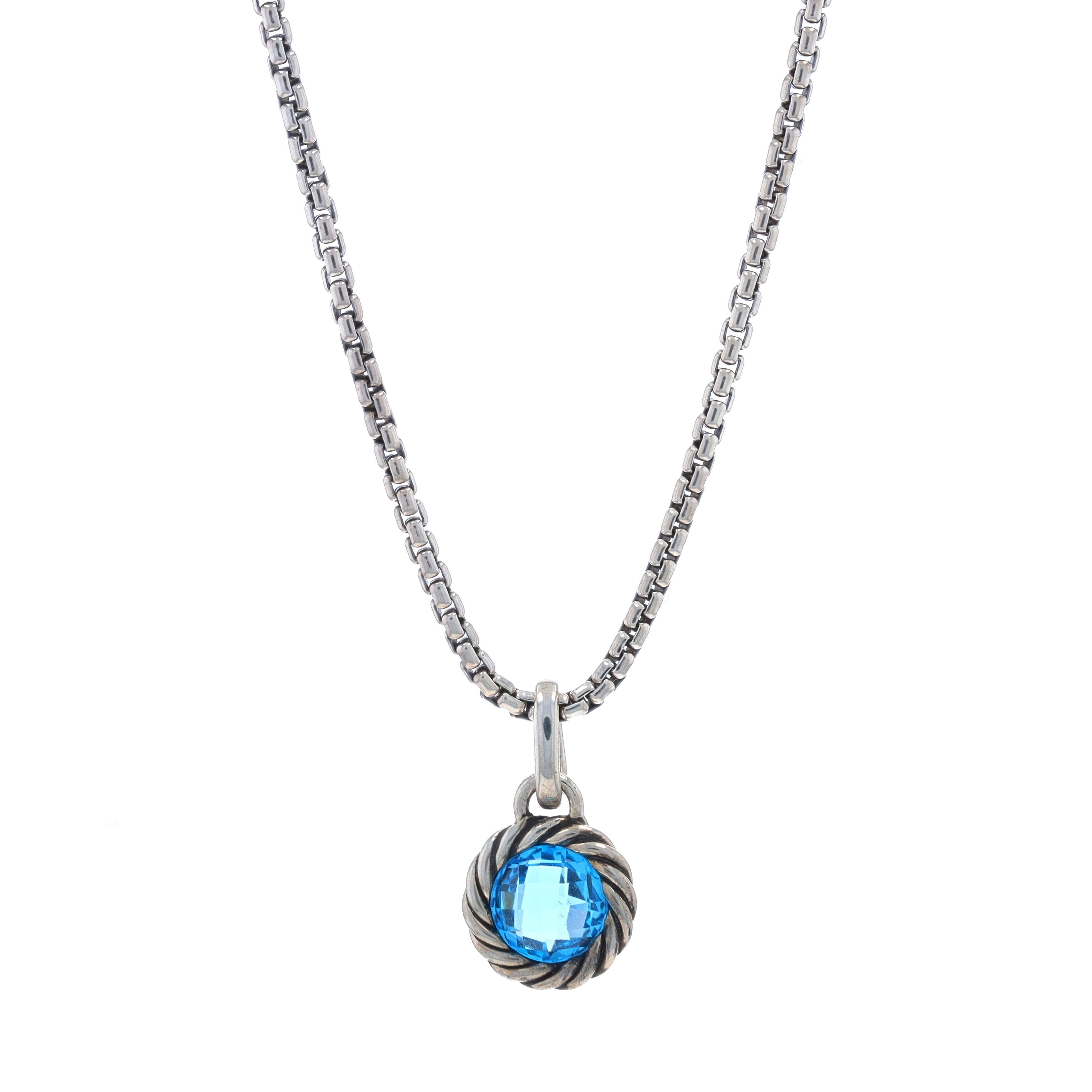 Brand: David Yurman

Metal Content: Sterling Silver & 14k Yellow Gold

Stone Information
Natural Topaz
Treatment: Routinely Enhanced
Cut: Round Checkerboard
Color: Blue

Style: Solitaire Enhancer
Chain Style: Box
Necklace Style: Chain
Fastening