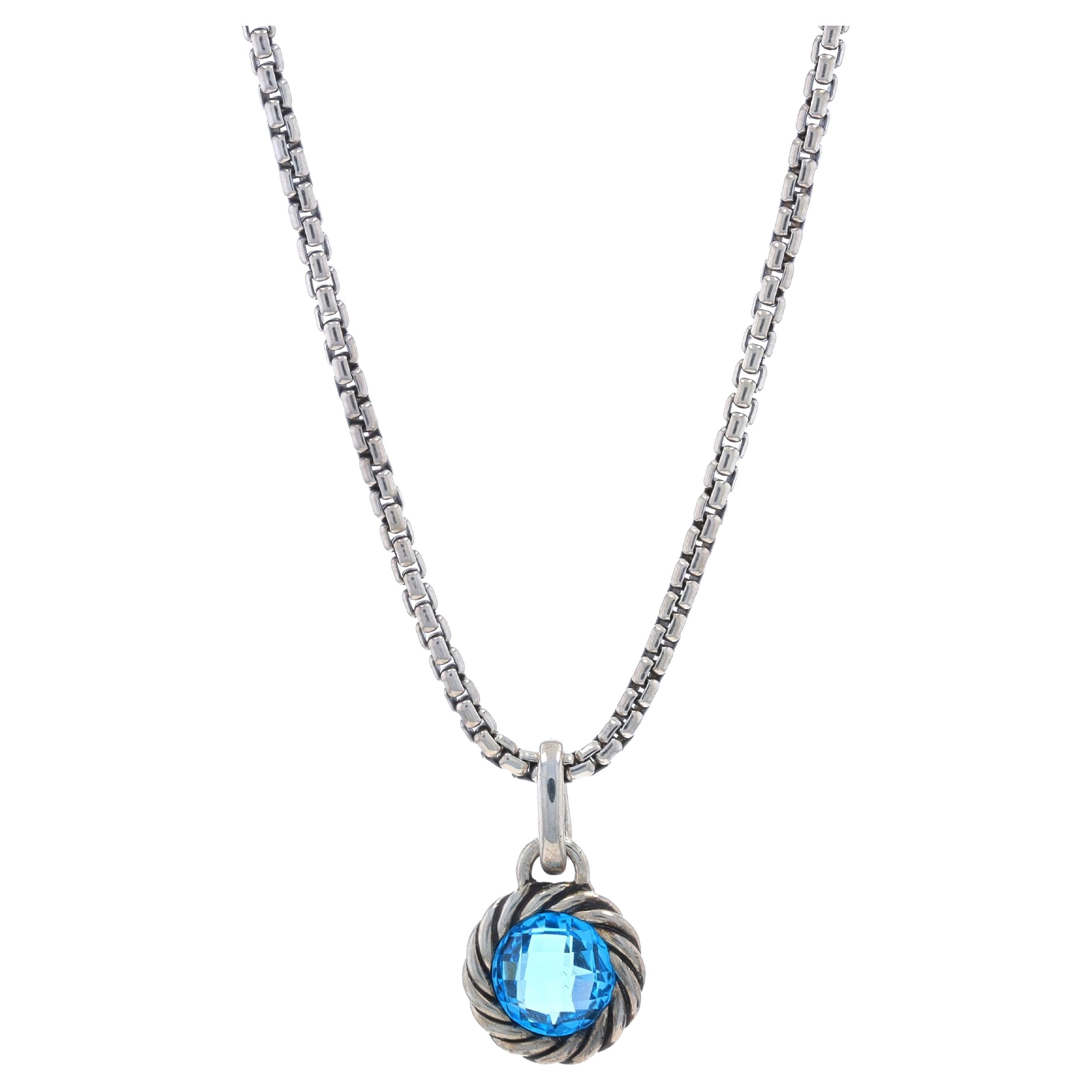David Yurman Blue Topaz Solitaire Enhancer Box Necklace 15 3/4" 925 & Gold 14k For Sale