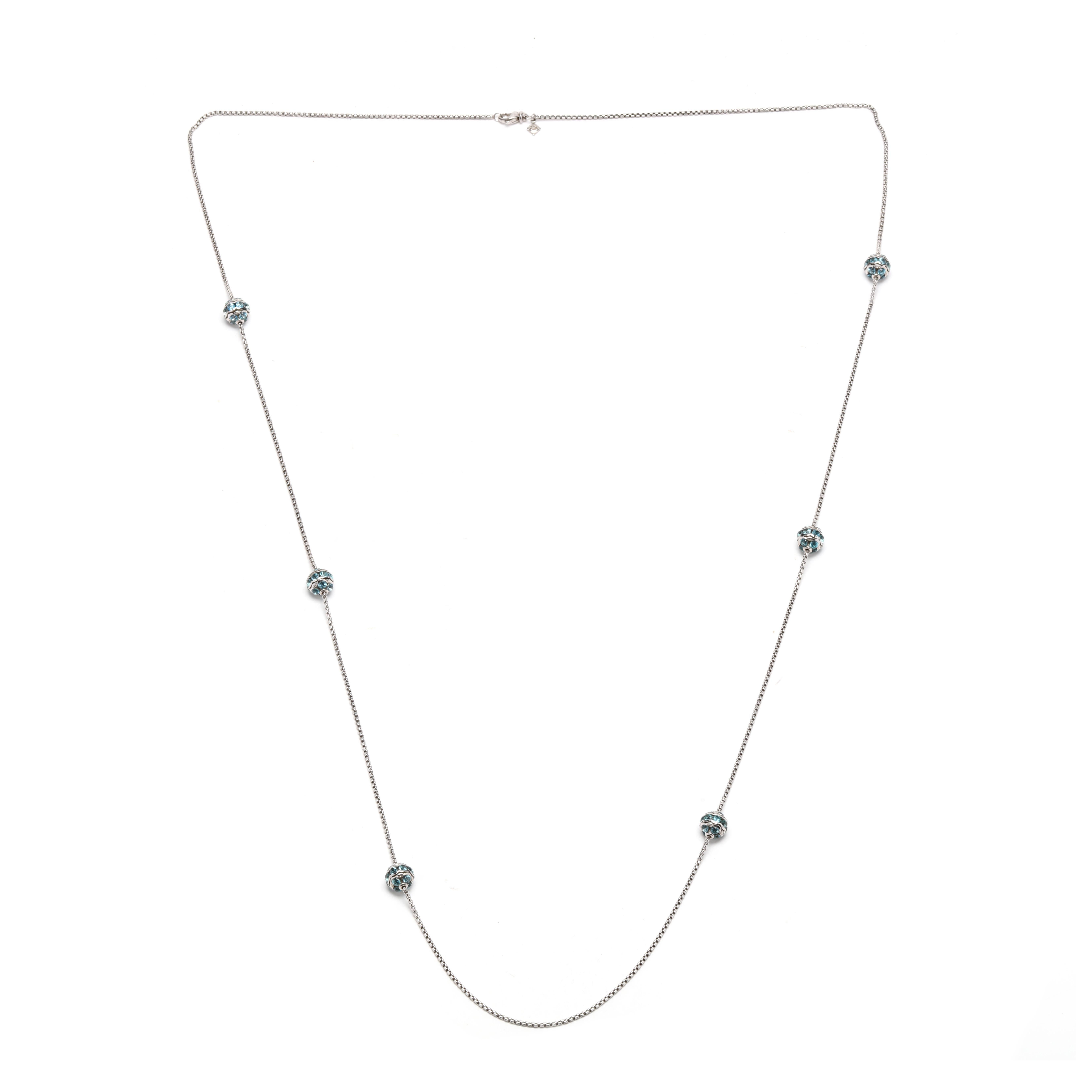 Round Cut David Yurman Blue Topaz Station Necklace, Sterling Silver 18K Yellow Gold