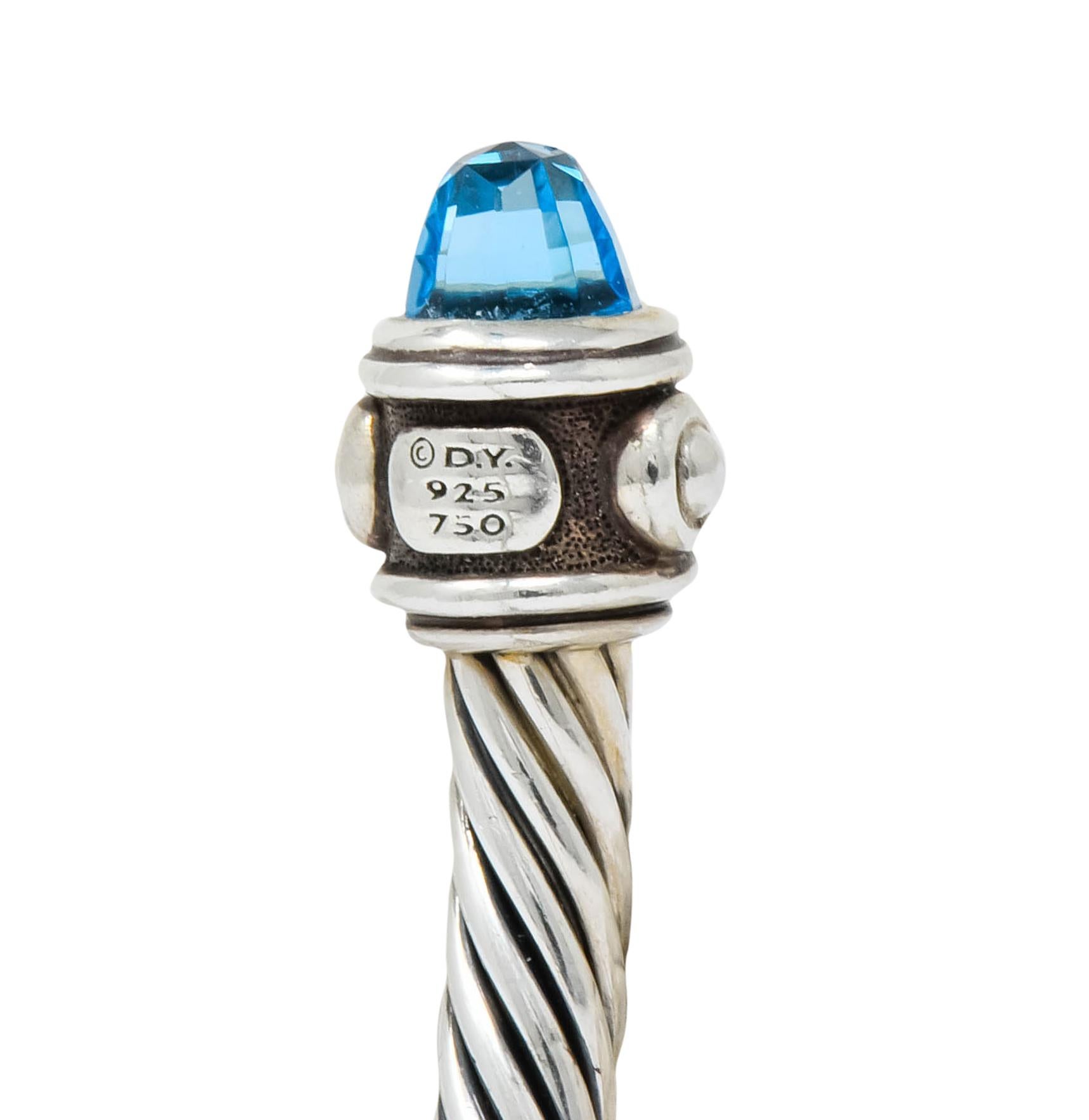 David Yurman Blue Topaz Sterling Silver 18 Karat Gold Renaissance Cable Bracelet In Excellent Condition In Philadelphia, PA