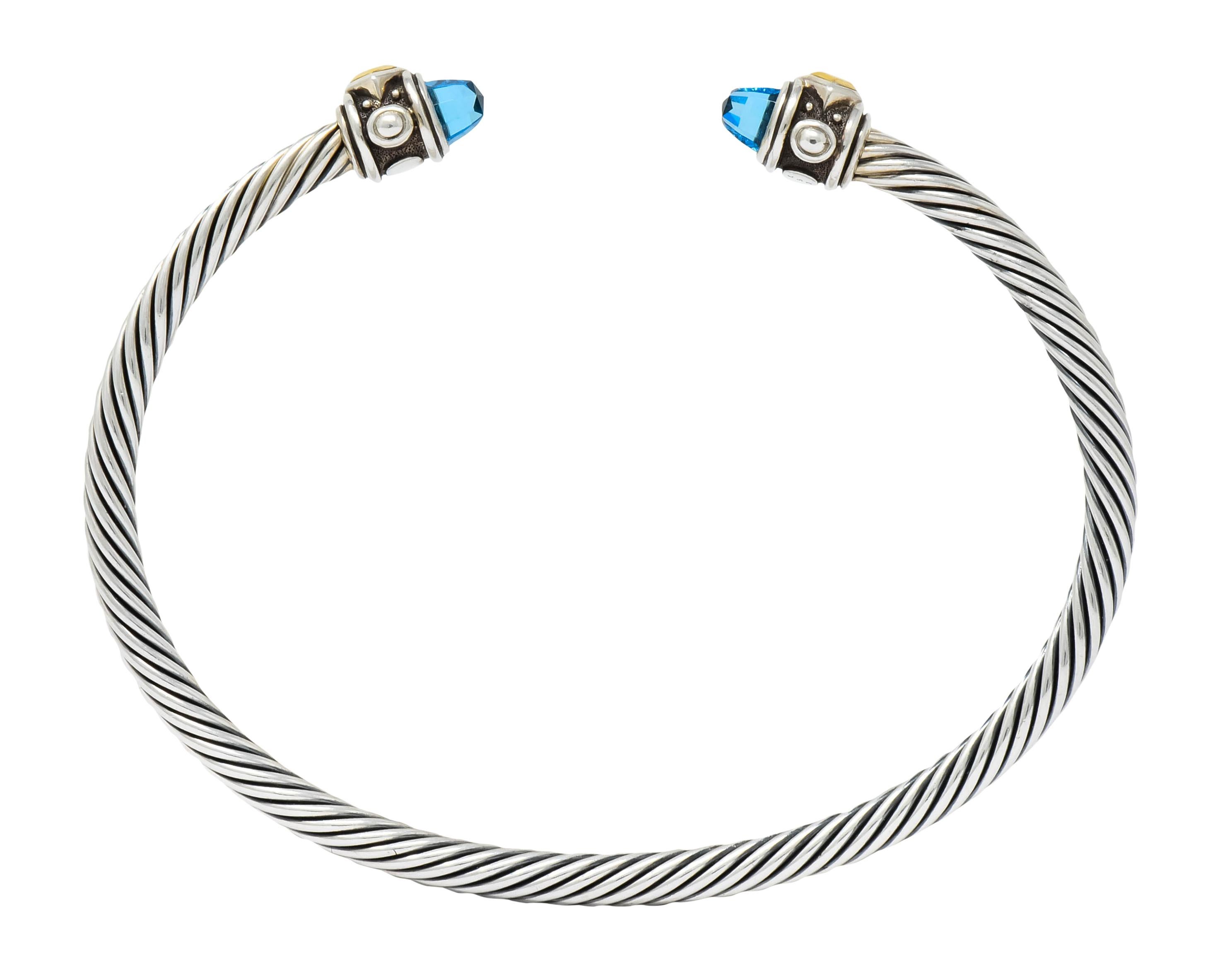 Women's or Men's David Yurman Blue Topaz Sterling Silver 18 Karat Gold Renaissance Cable Bracelet