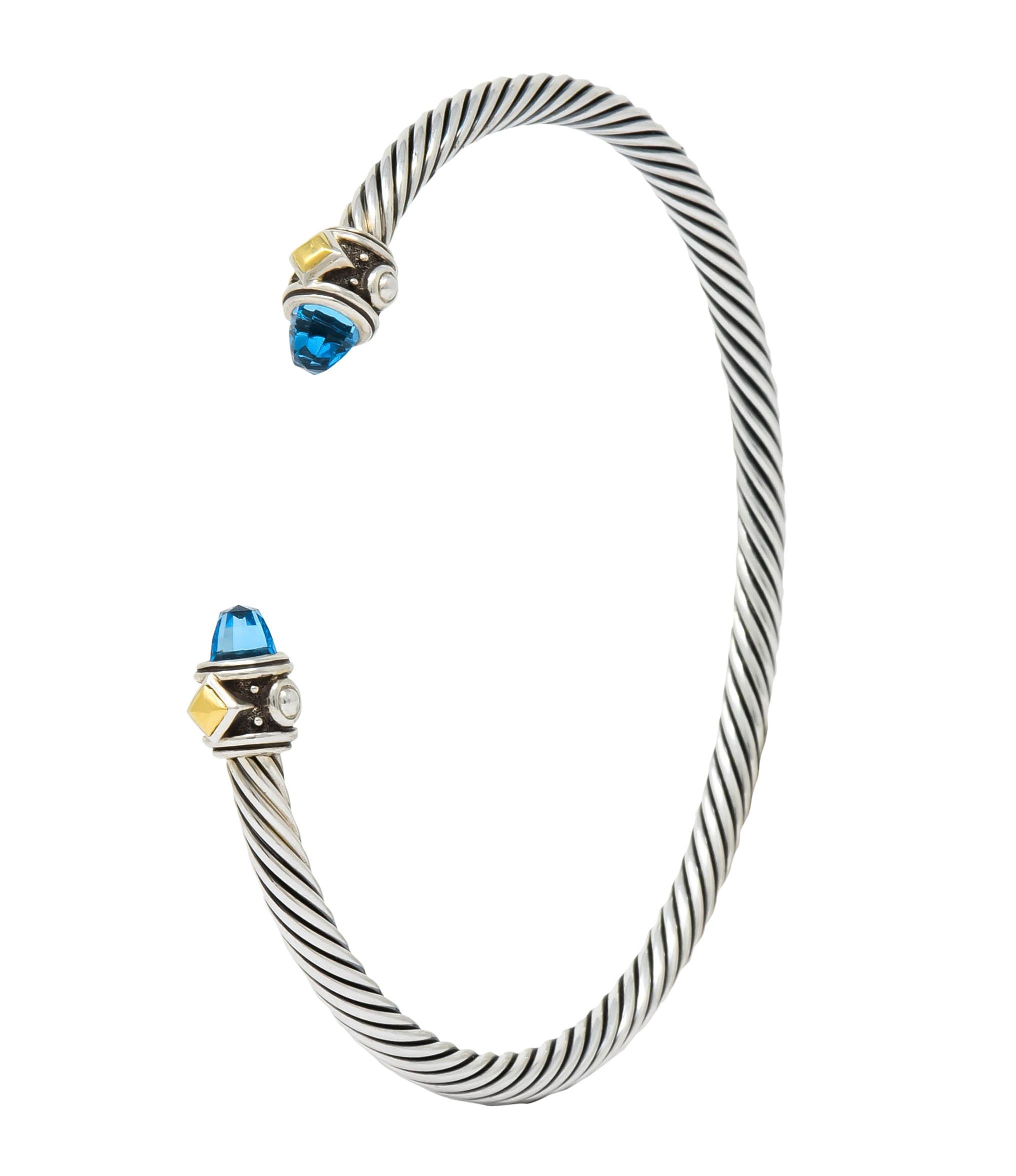 David Yurman Blue Topaz Sterling Silver 18 Karat Gold Renaissance Cable Bracelet 1
