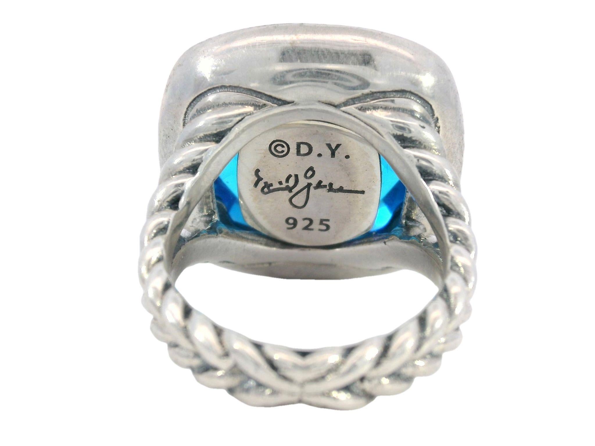 Modern David Yurman Blue Topaz Sterling Silver Rope Ring with Diamonds