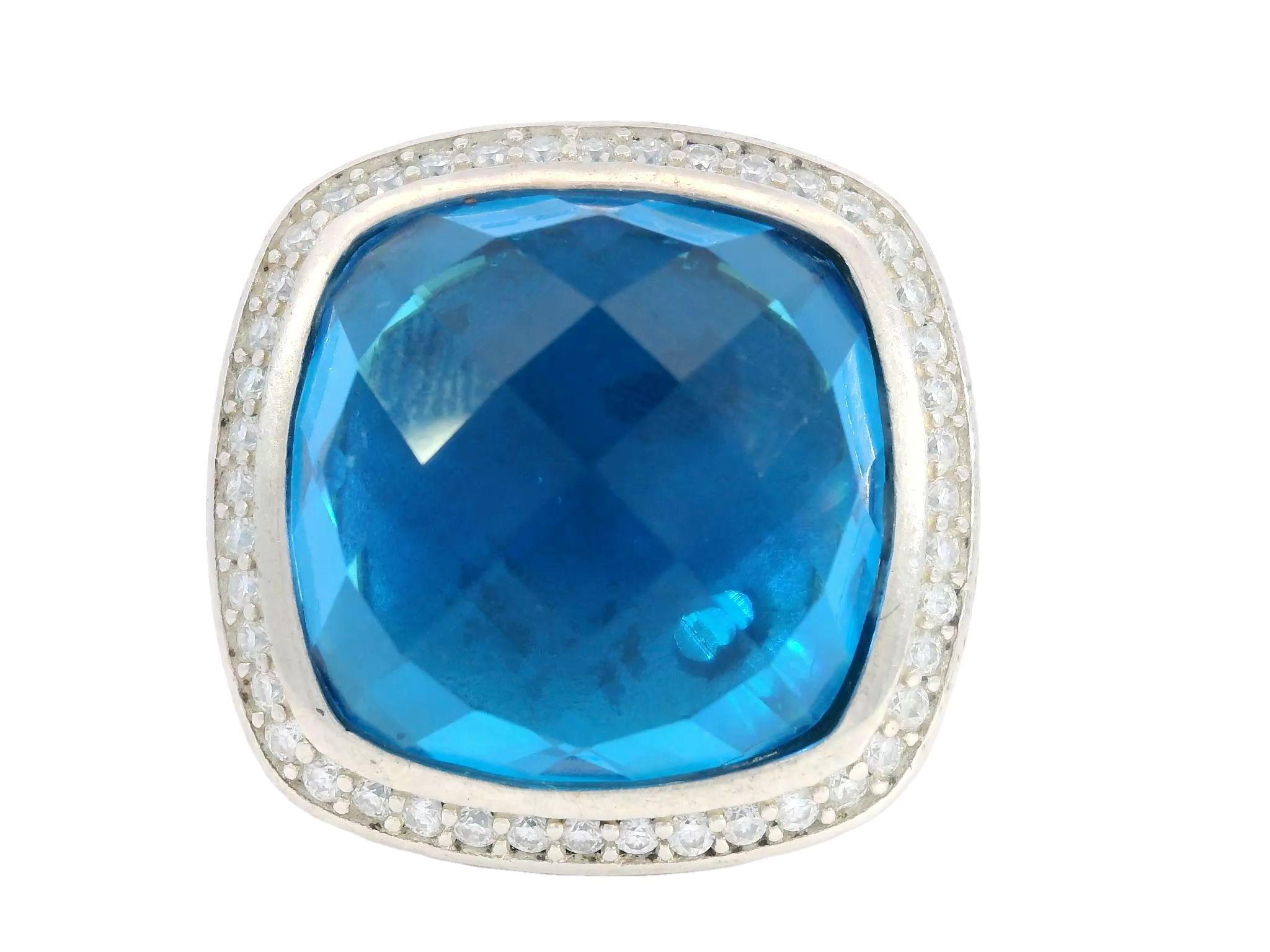 Cushion Cut David Yurman Blue Topaz Sterling Silver Rope Ring with Diamonds