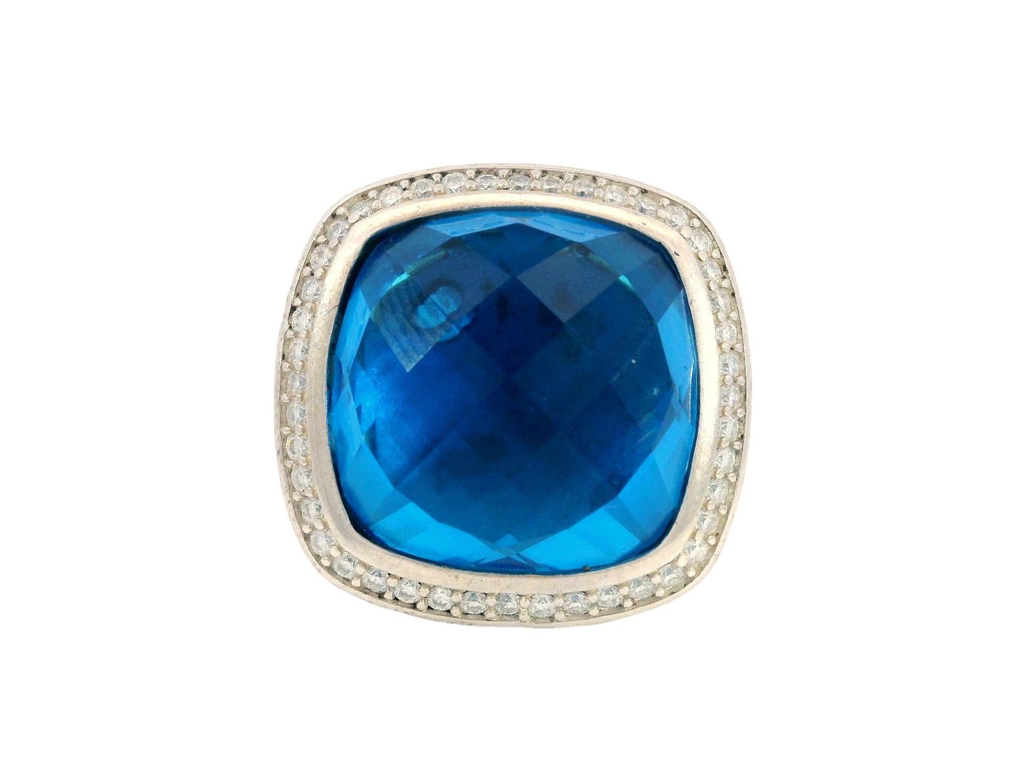 David Yurman Blue Topaz Sterling Silver Rope Ring with Diamonds In Excellent Condition In Fairfield, CT