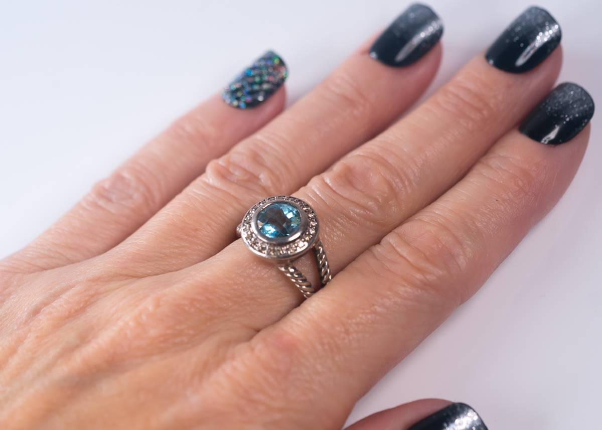 Modern David Yurman Blue Topaz, Diamonds and Sterling Silver Cerise Halo Ring