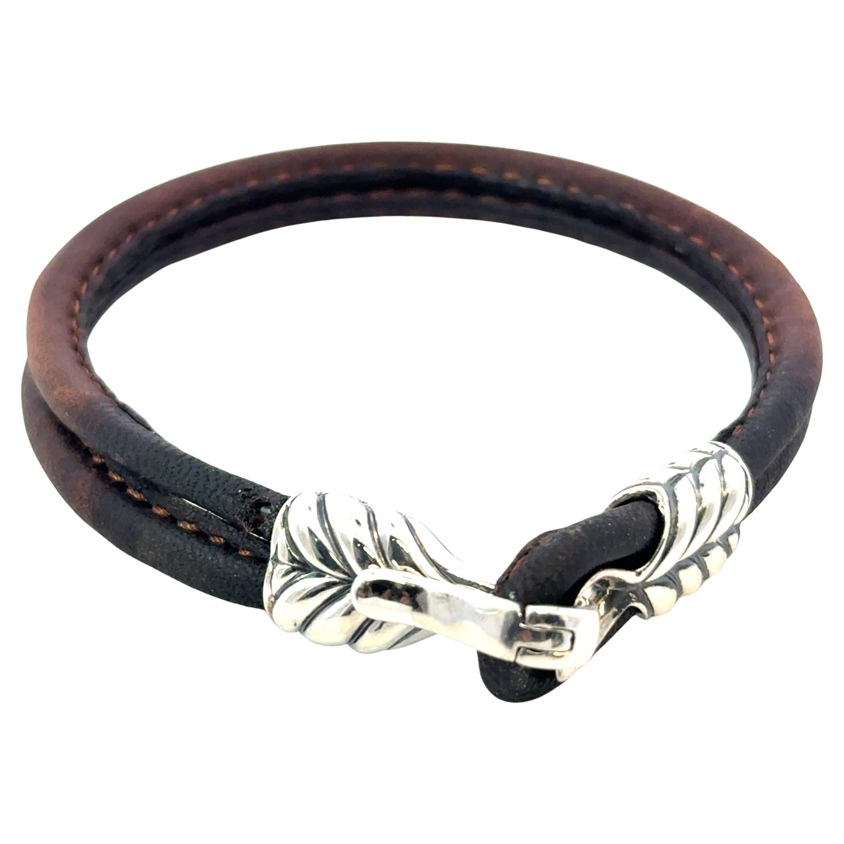 David Yurman Brown Leather Bracelet 9" Sterling Silver Estate