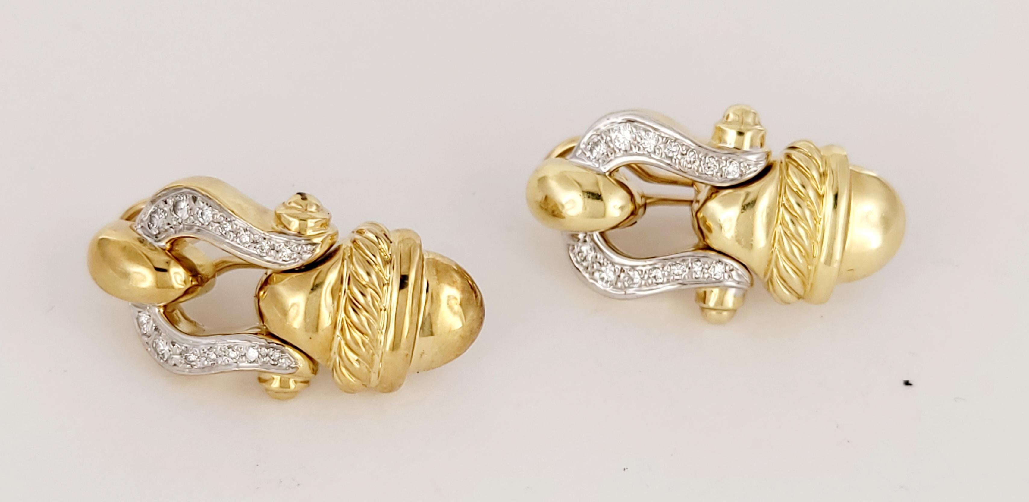 Women's David Yurman Buckle 18K Yellow Gold Diamond Earrings Vintage For Sale