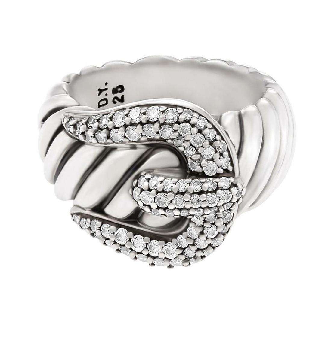 Round Cut David Yurman Buckle Ring In Sterling Silver With Diamonds For Sale