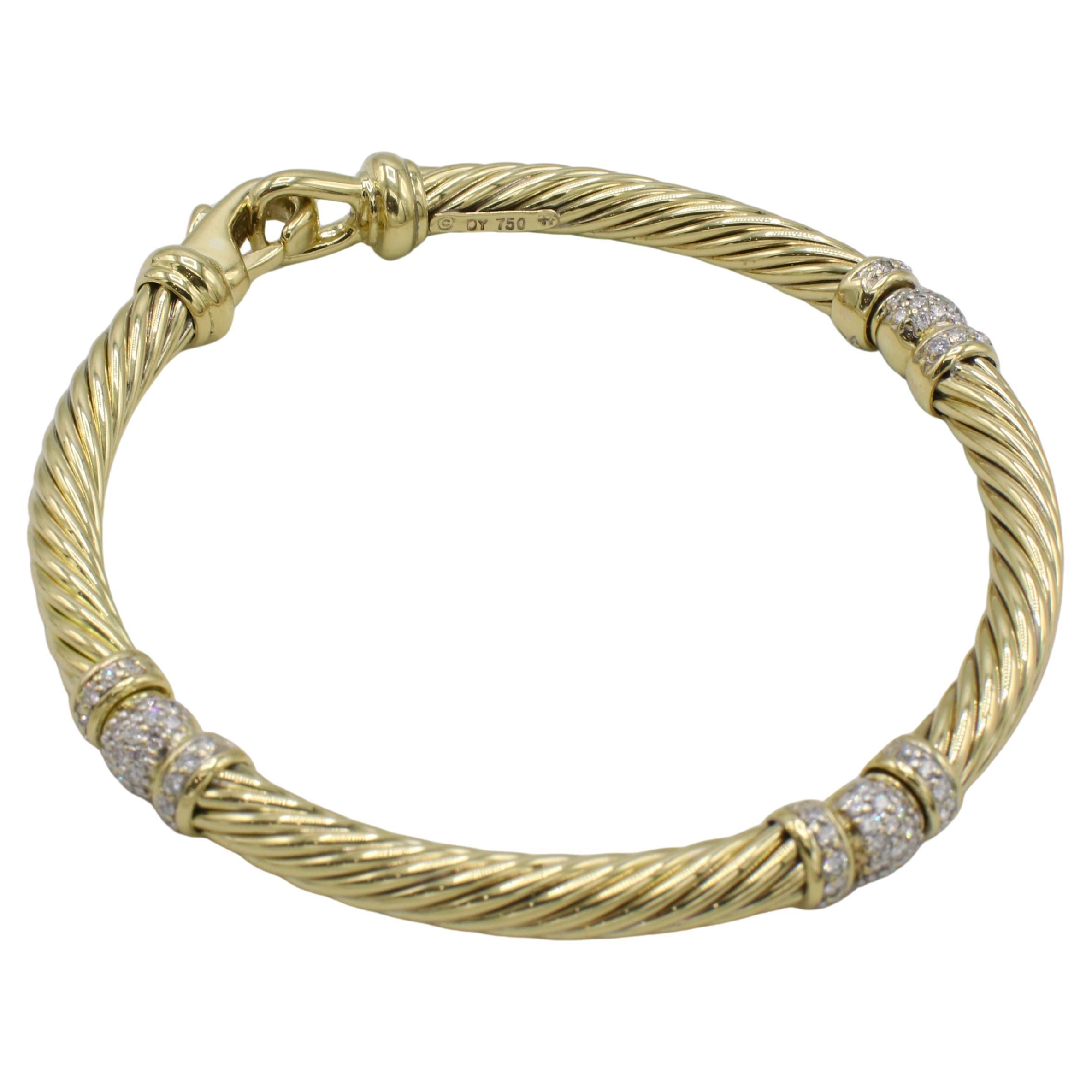 Modern David Yurman Cable 18 Karat Yellow Gold Natural Diamond Station Bracelet