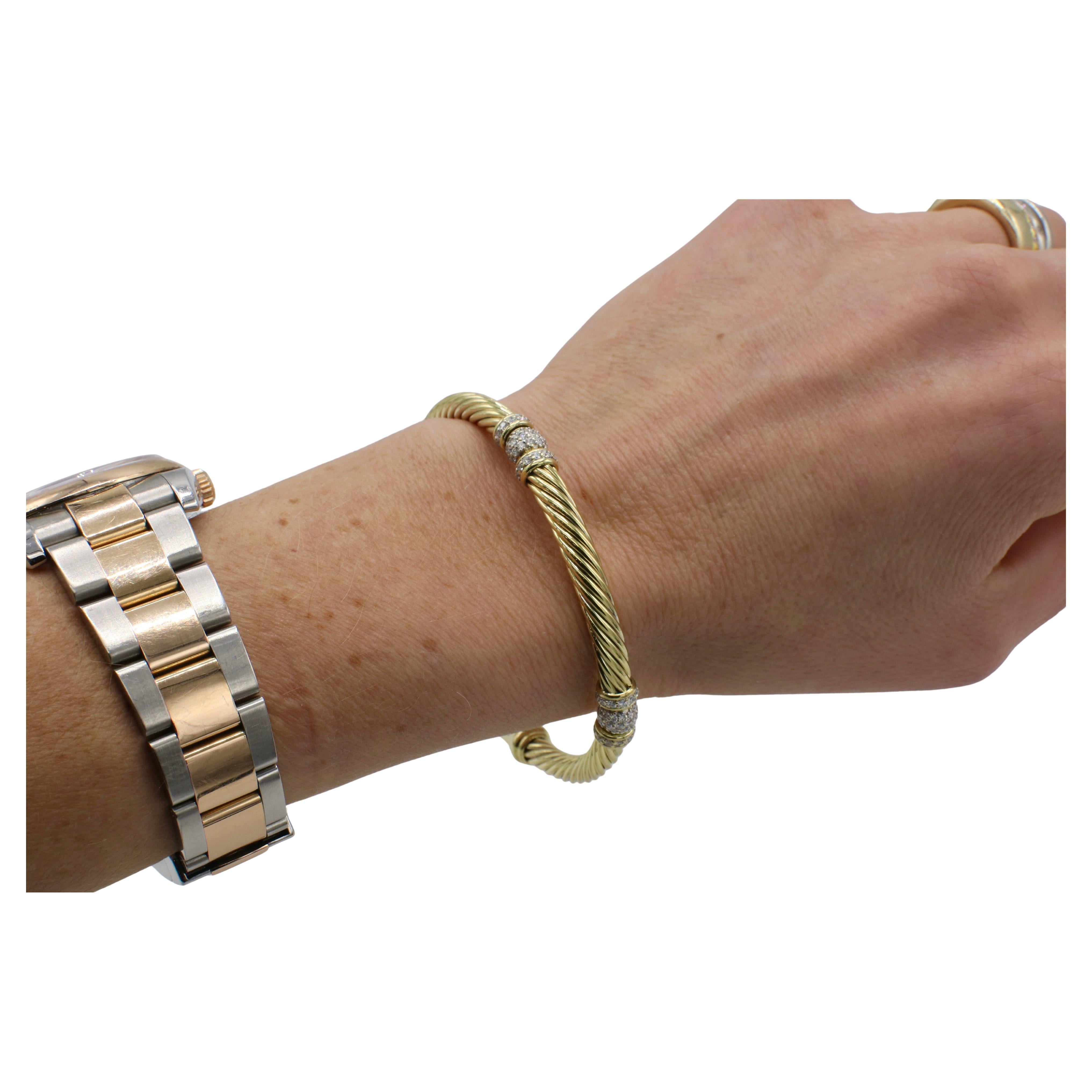 Round Cut David Yurman Cable 18 Karat Yellow Gold Natural Diamond Station Bracelet