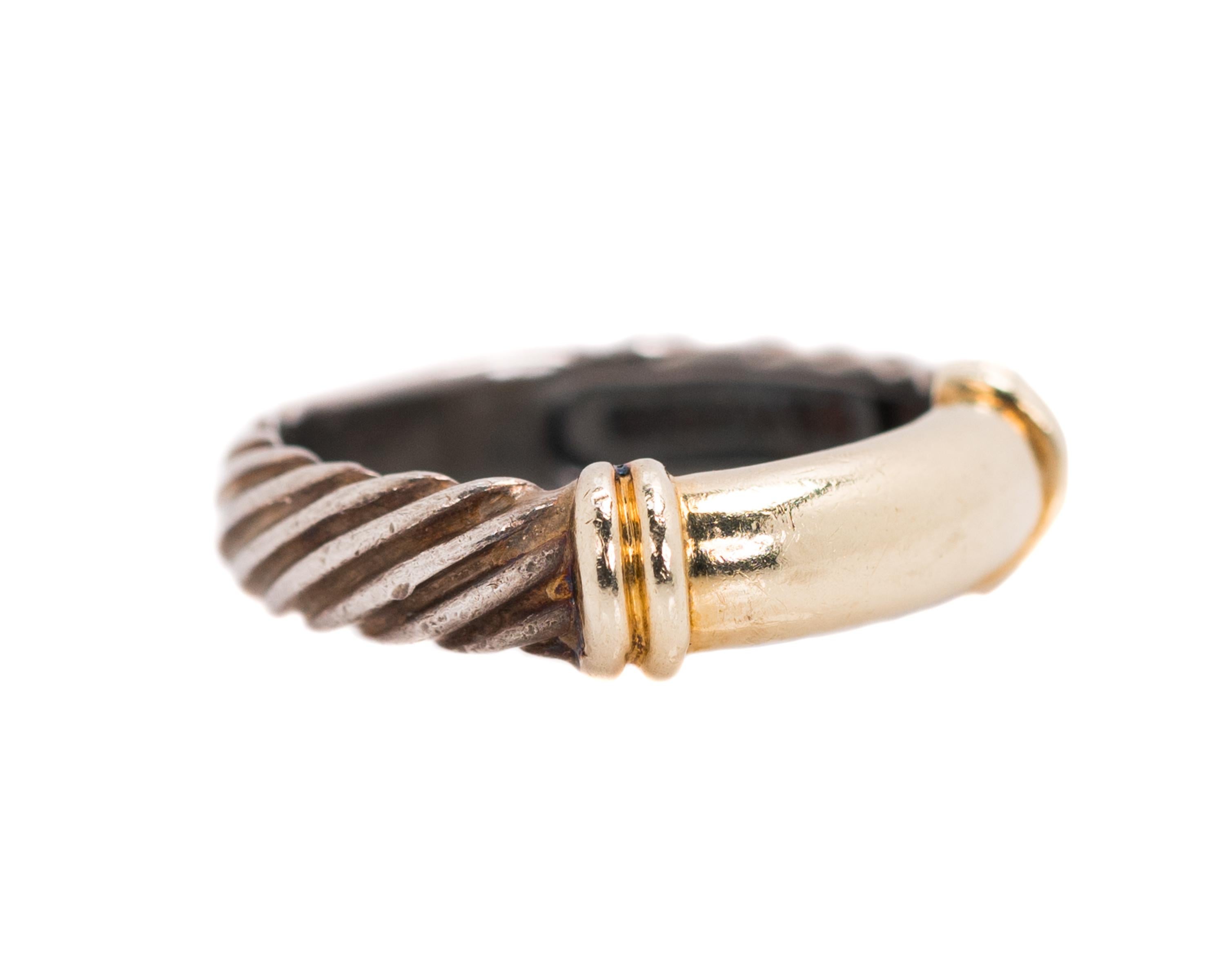 1980s David Yurman Cable Ring - Sterling Silver, 14 Karat Yellow Gold

Features: 
Sterling Silver Cable Shank
14 Karat Yellow Gold smooth center front 
Smooth center back 
4.5 millimeter shank width
Fits a size 5.25, can be resized

Ring