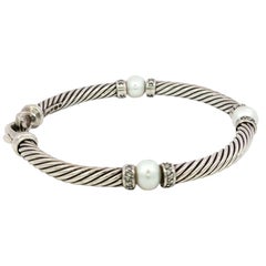 David Yurman Pulsera Cable Diamantes Perlas Cultivadas Plata de Ley