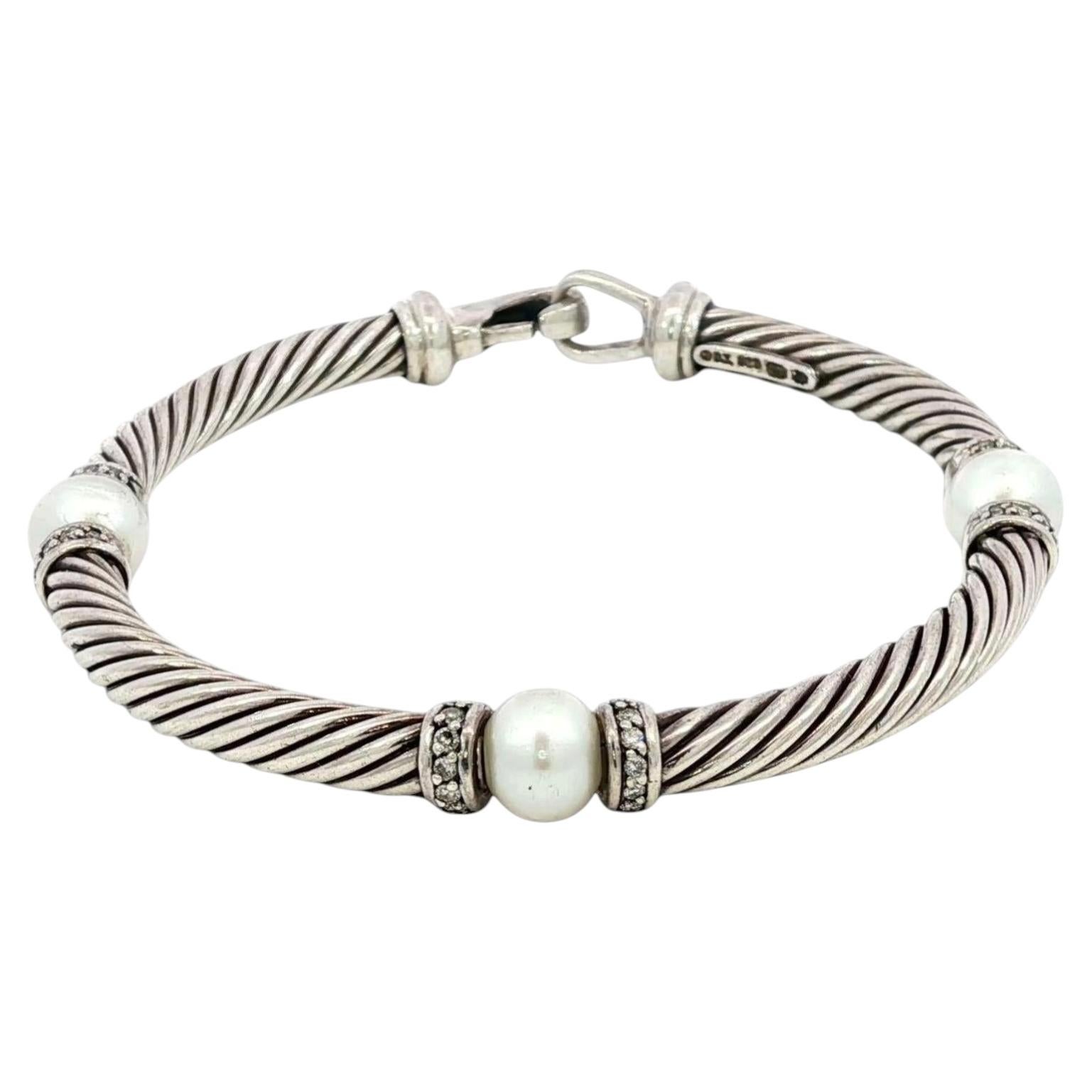 David Yurman Cable Bracelet Diamonds Cultured Pearls Sterling Silver For Sale