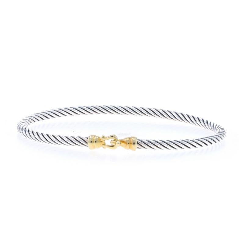 Retail Price: $495

Brand: David Yurman
Collection: Cable Buckle
Design: 3mm Hook

Metal Content: Sterling Silver & 18k Yellow Gold

Style: Bangle
Fastening Type: Hook Clasp

Measurements

Inner Circumference: 6 1/4