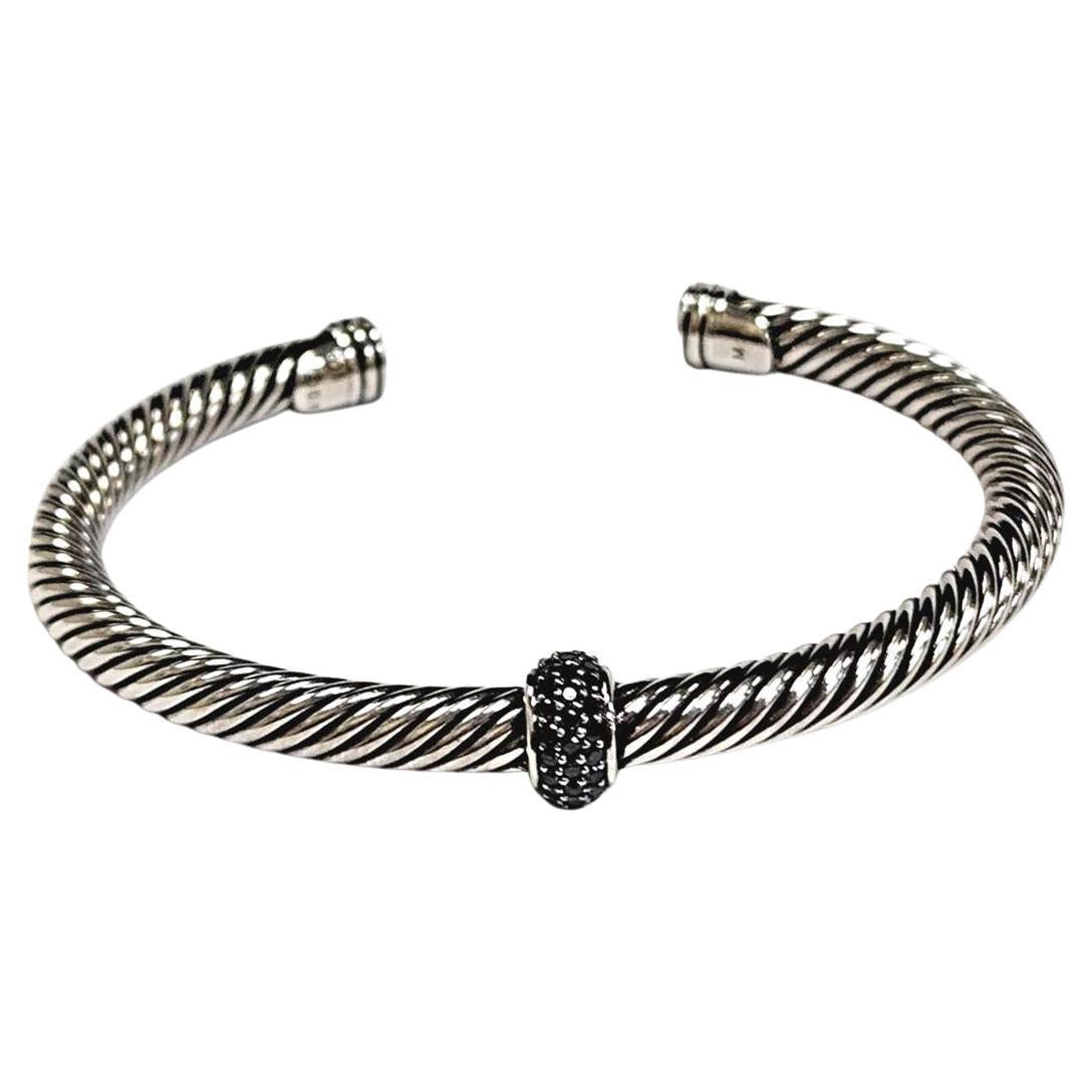 David Yurman Bracciale Cable Candy  Argento 925 con pavé di diamanti neri, 6.5 in vendita