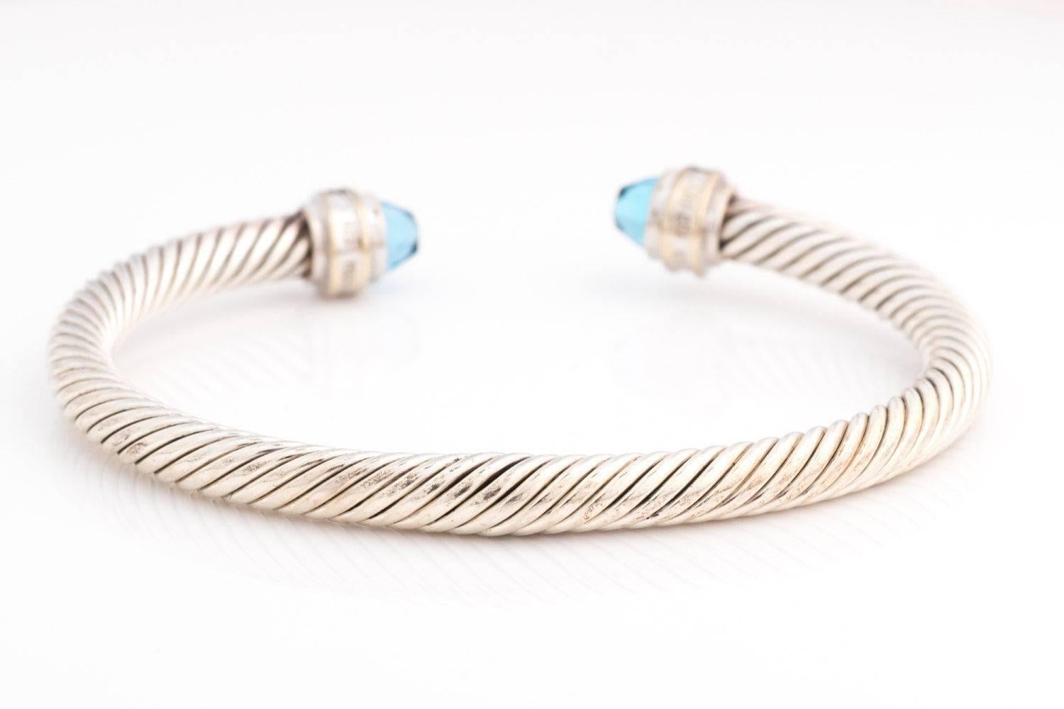Modern David Yurman Cable Classic Blue Topaz Diamond Bracelet in Sterling Silver