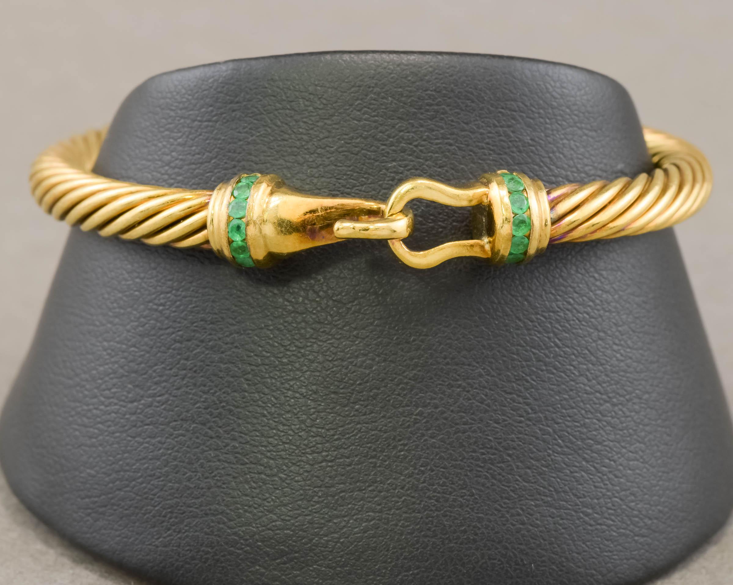 David Yurman Cable Classic Gold Buckle Bracelet with Emeralds For Sale 4