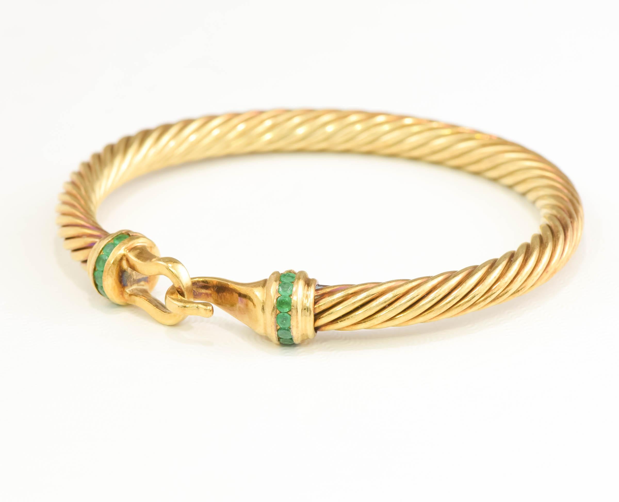 Modern David Yurman Cable Classic Gold Buckle Bracelet with Emeralds For Sale