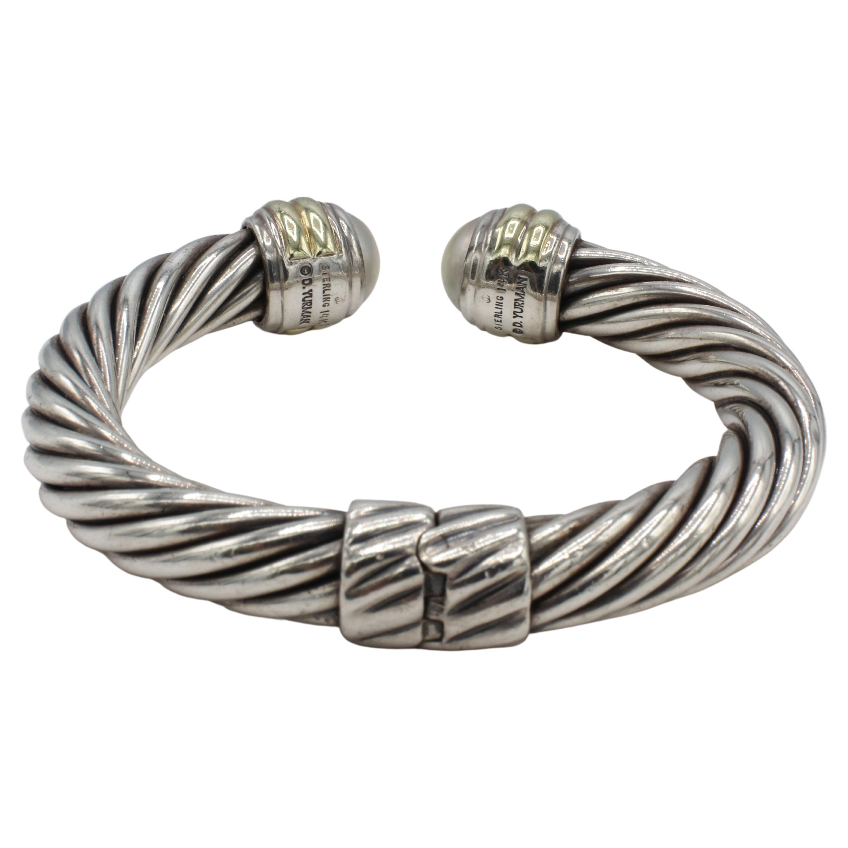 Modern David Yurman Cable Classic Mabe Pearl Hinged Cuff Bracelet