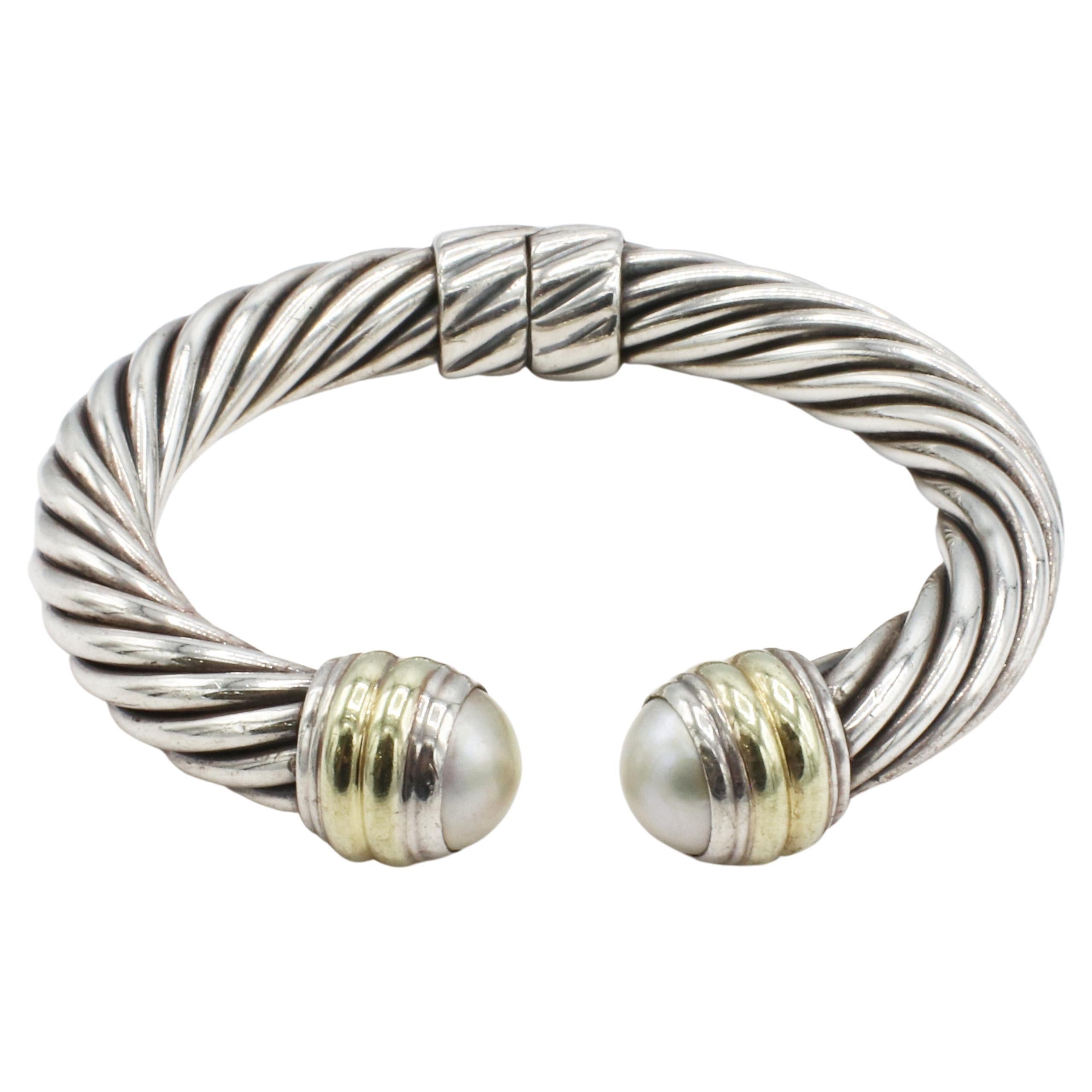 David Yurman Cable Classic Mabe Pearl Hinged Cuff Bracelet In Fair Condition In  Baltimore, MD