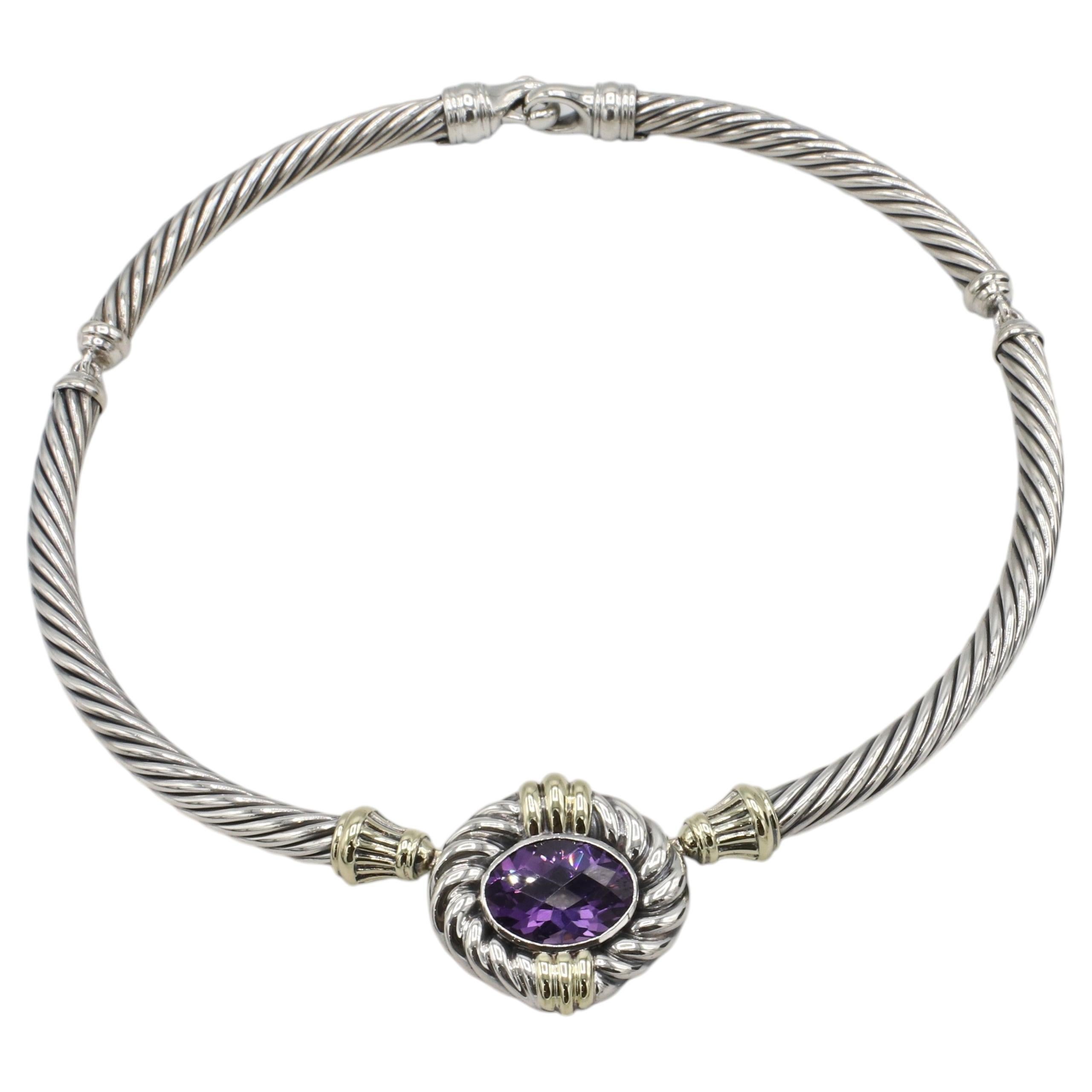 Collier ras-du-cou David Yurman Cable Classic en argent et or avec améthyste