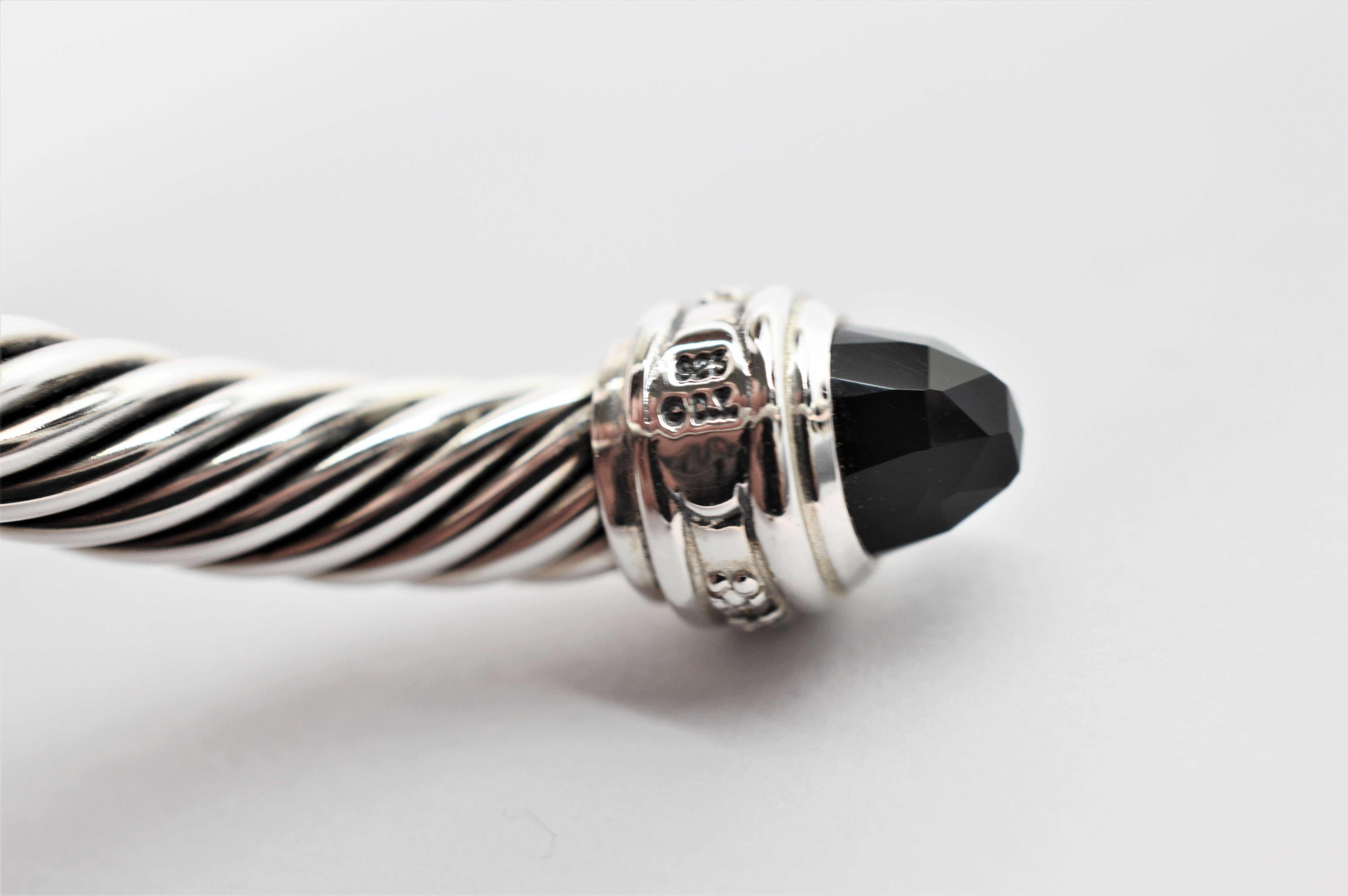 Mixed Cut David Yurman Cable Classic Sterling Silver Bracelet w Onyx & Diamond Accents