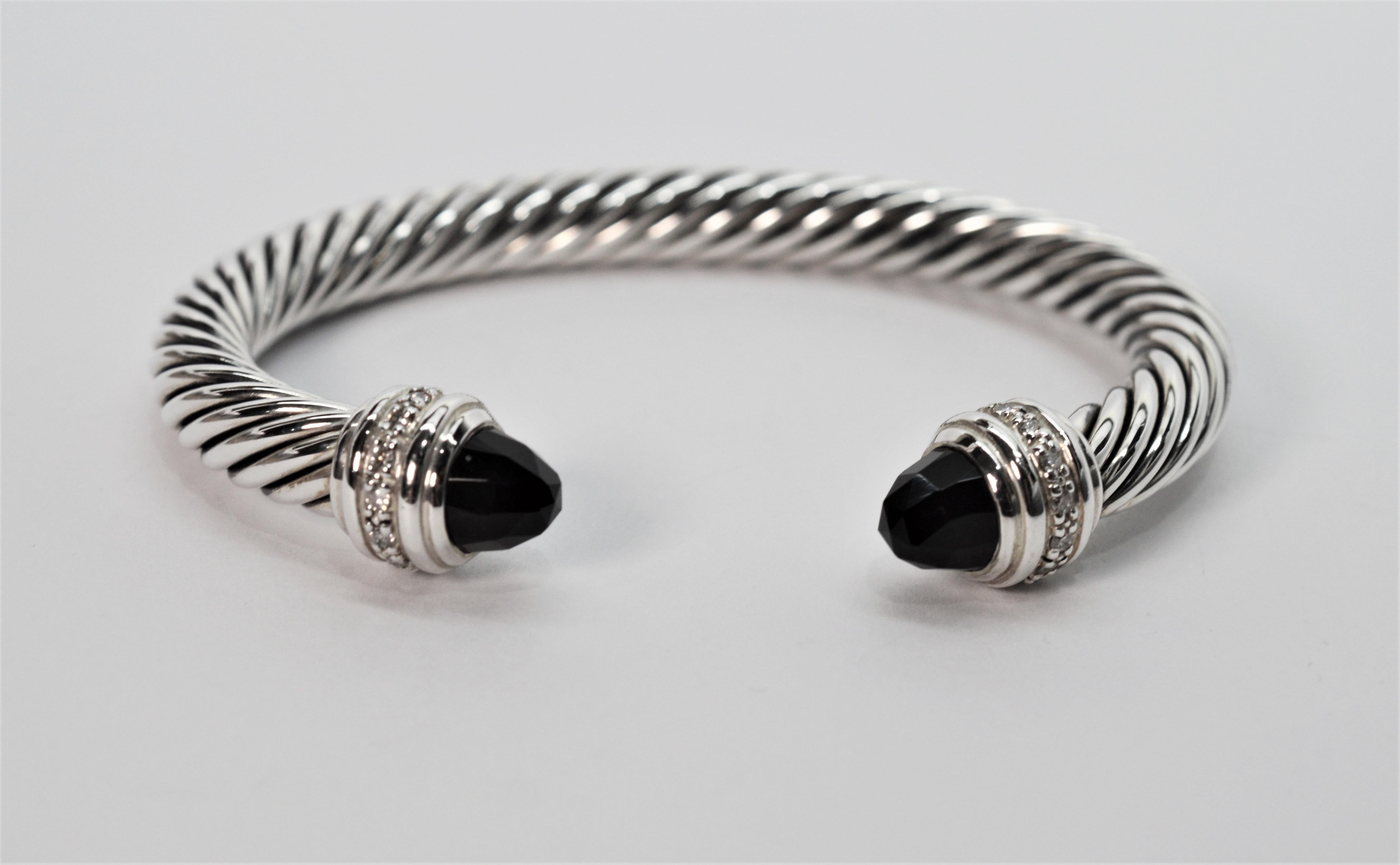 Women's David Yurman Cable Classic Sterling Silver Bracelet w Onyx & Diamond Accents