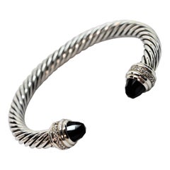 David Yurman Cable Classic Sterling Silver Bracelet w Onyx & Diamond Accents