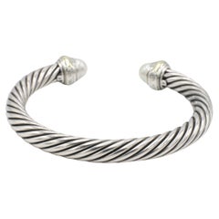 David Yurman Cable Classic Sterling Silver & Gold Pearl Bangle Bracelet Cuff 7MM